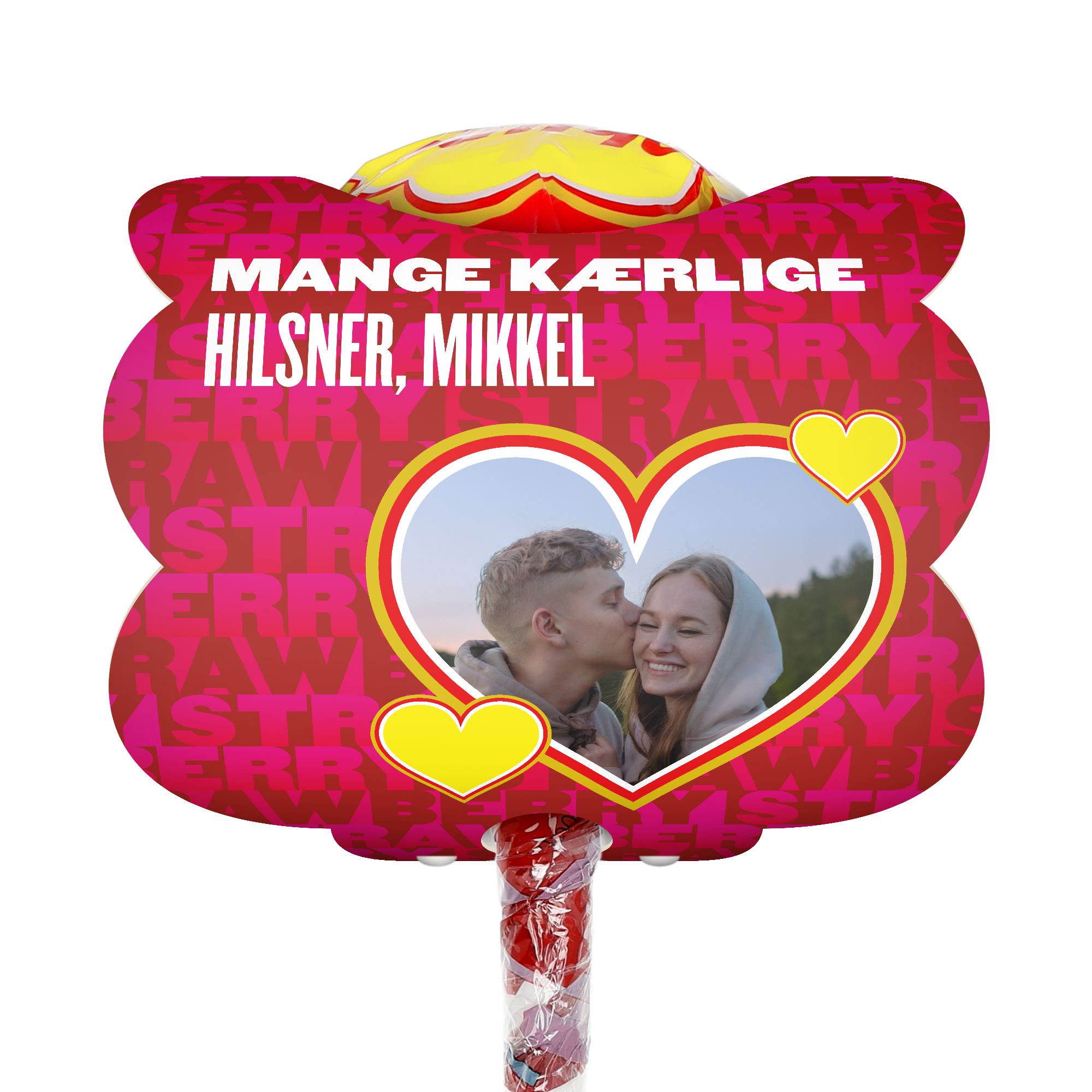 Mega Chupa Chups - personliggjort - Jordbær - 20 slikkepinde med foto og hilsen "Mange kærlige hilsner, Mikkel" trykt på etiketten.