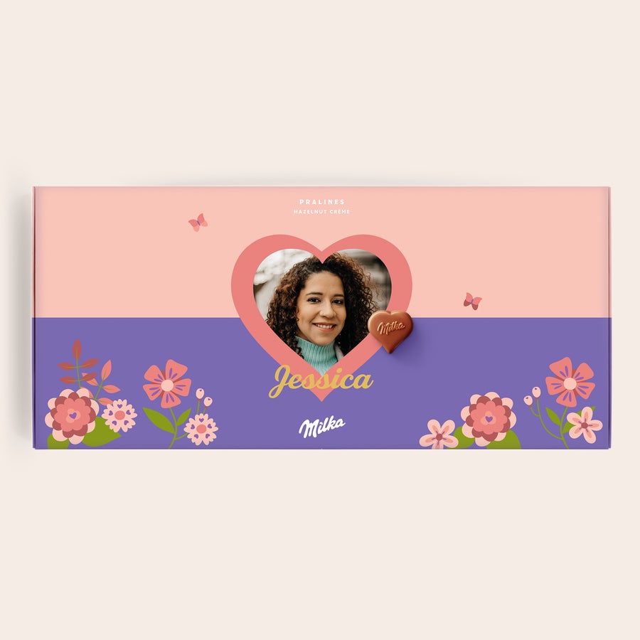 Czekoladki Milka - Dla Mamy Personalizowana bombonierka Milka z nadrukowanym zdjęciem kobiety i imieniem Jessica Najpyszniejsza czekolada specjalnie dla mamy!