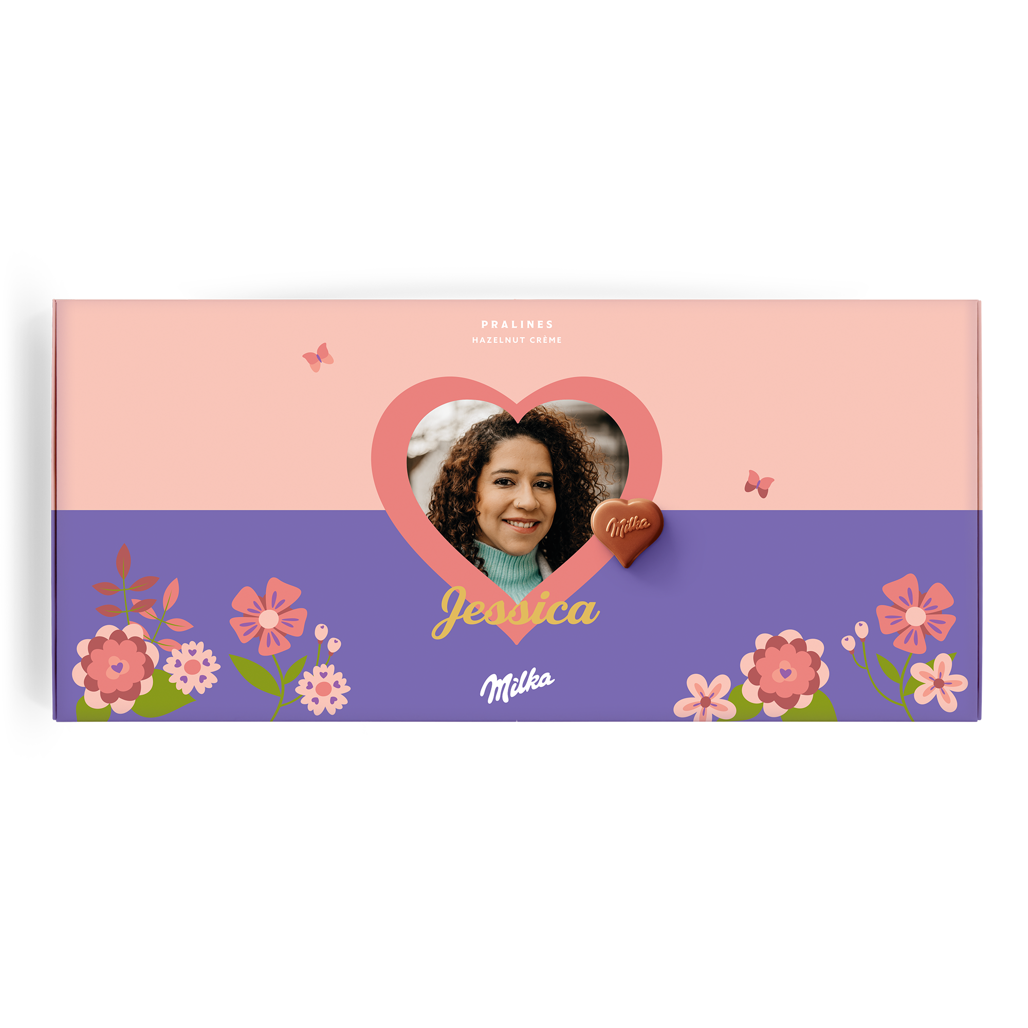 Personalizirana darilna škatla čokolade Say it with Milka s cvetličnim motivom natisnjena s fotografijo in imenom Jessica