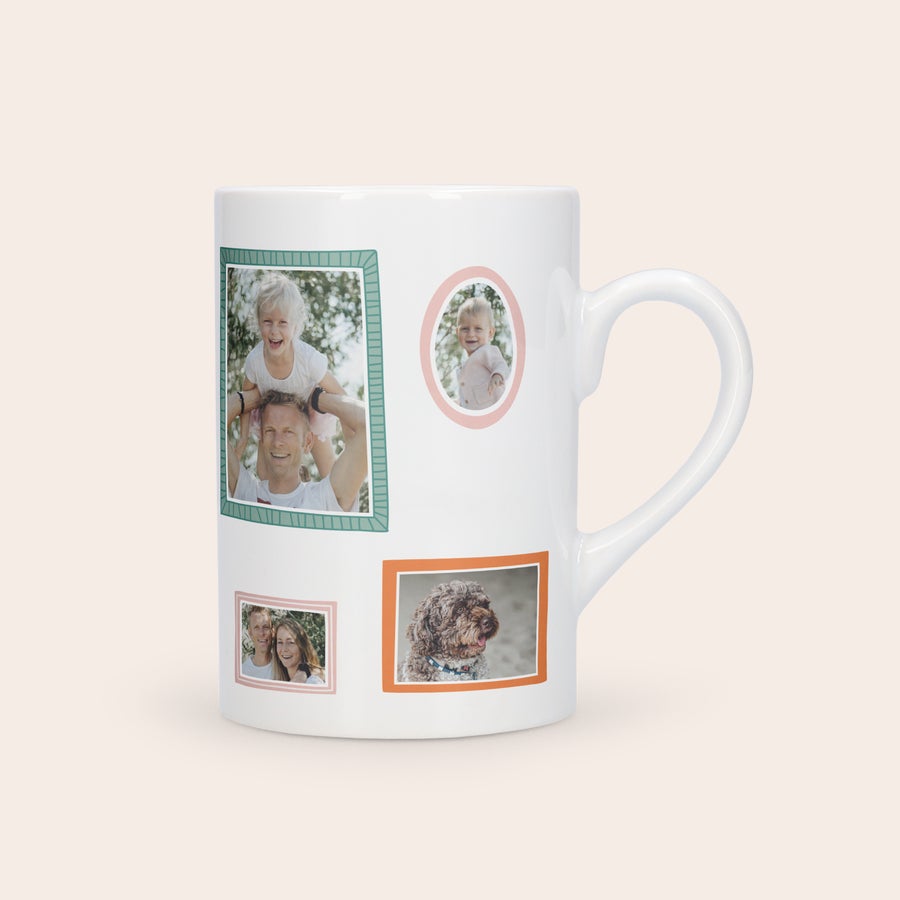 Taza de té Taza de cerámica blanca personalizada con cuatro fotos impresas a color, una de un hombre y un niño, una de un bebé, una de un perro y otra de una pareja. ¡Regala una taza de cerámica con foto y texto!