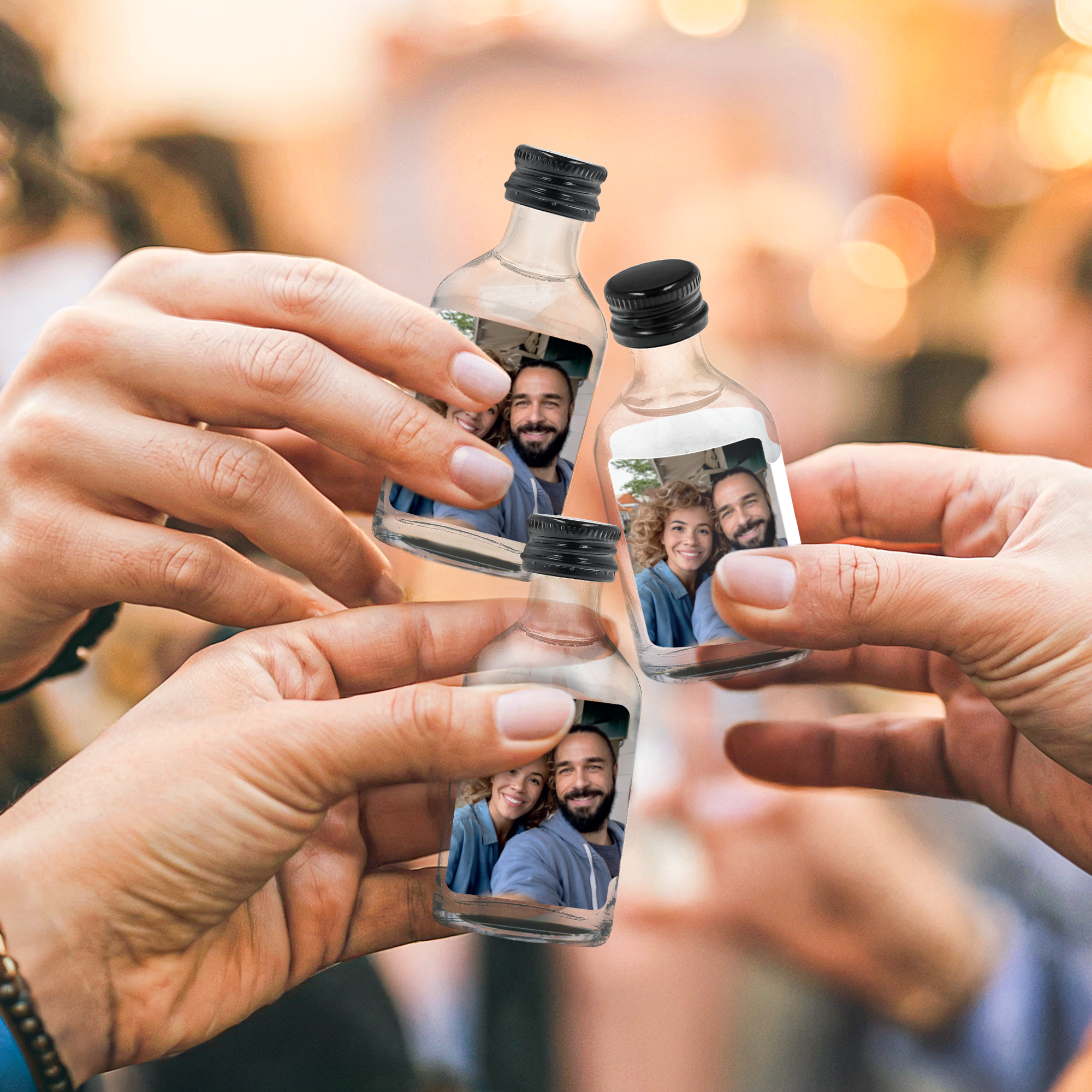 Tre mani tengono mini vodka personalizzate con foto di coppia sorridente per crea una collezione unica di mini vodka appositamente per loro