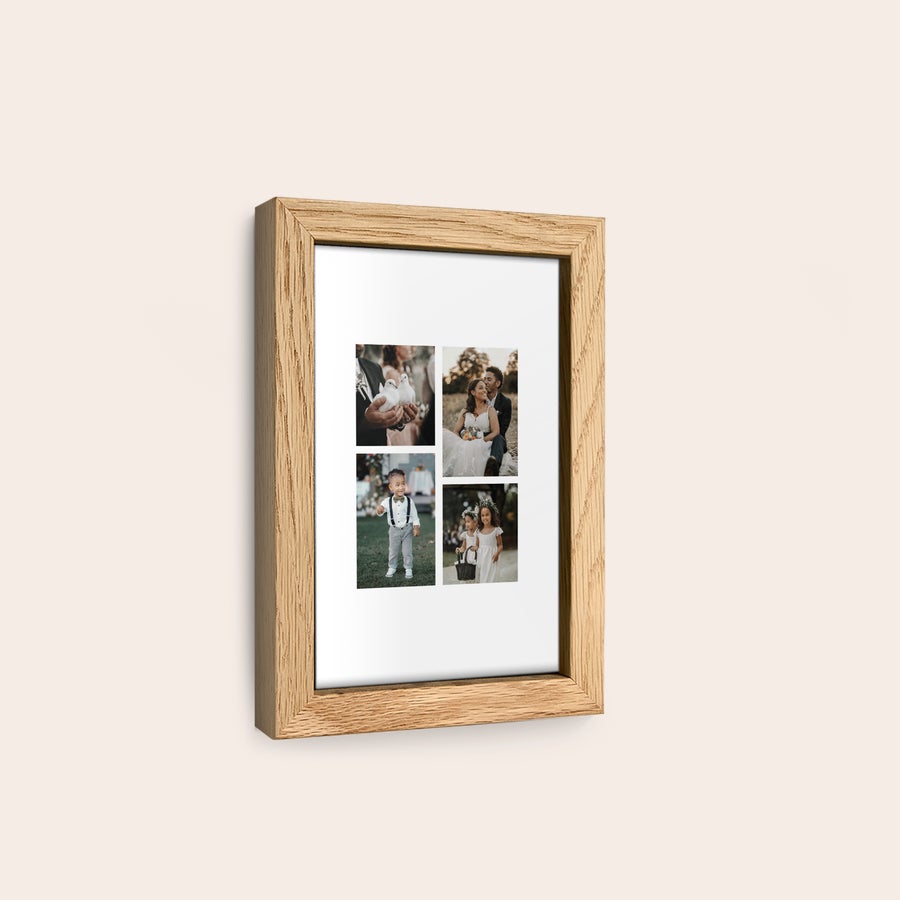 Cadre photo personnalisé Affiche photo personnalisée avec quatre images dans un cadre en bois de chêne clair à accrocher au mur