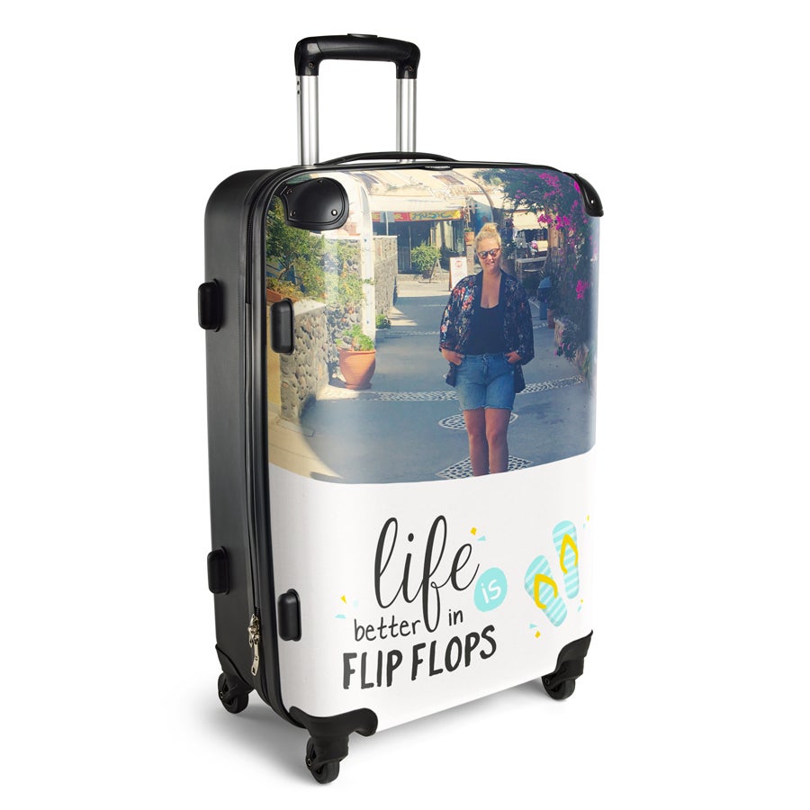 Super lightweight XL Princess suitcase printed with a personalized photo and "life is better in flip flops" text