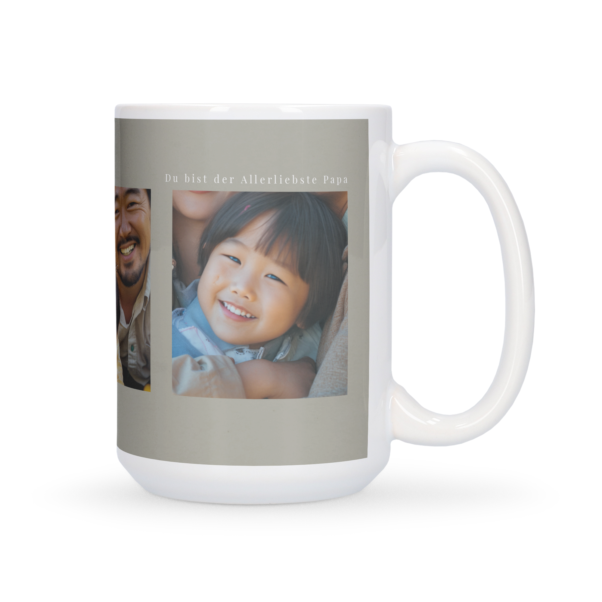 Diese bedruckte XL Tasse zeigt ein Foto von Vater und Kind mit dem Text Du bist der Allerliebste Papa