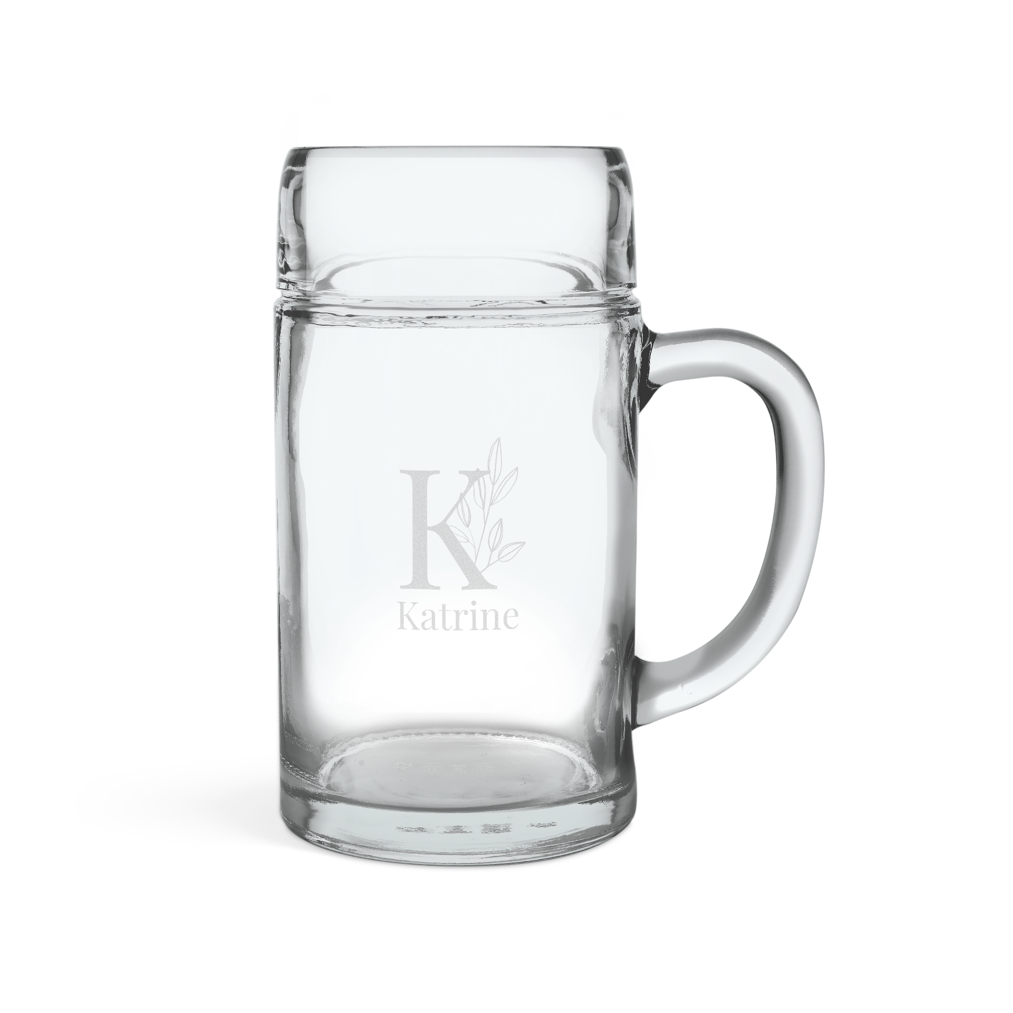 Klart Stein glas graveret med stort K og navnet "Katrine", personligt Stein glas