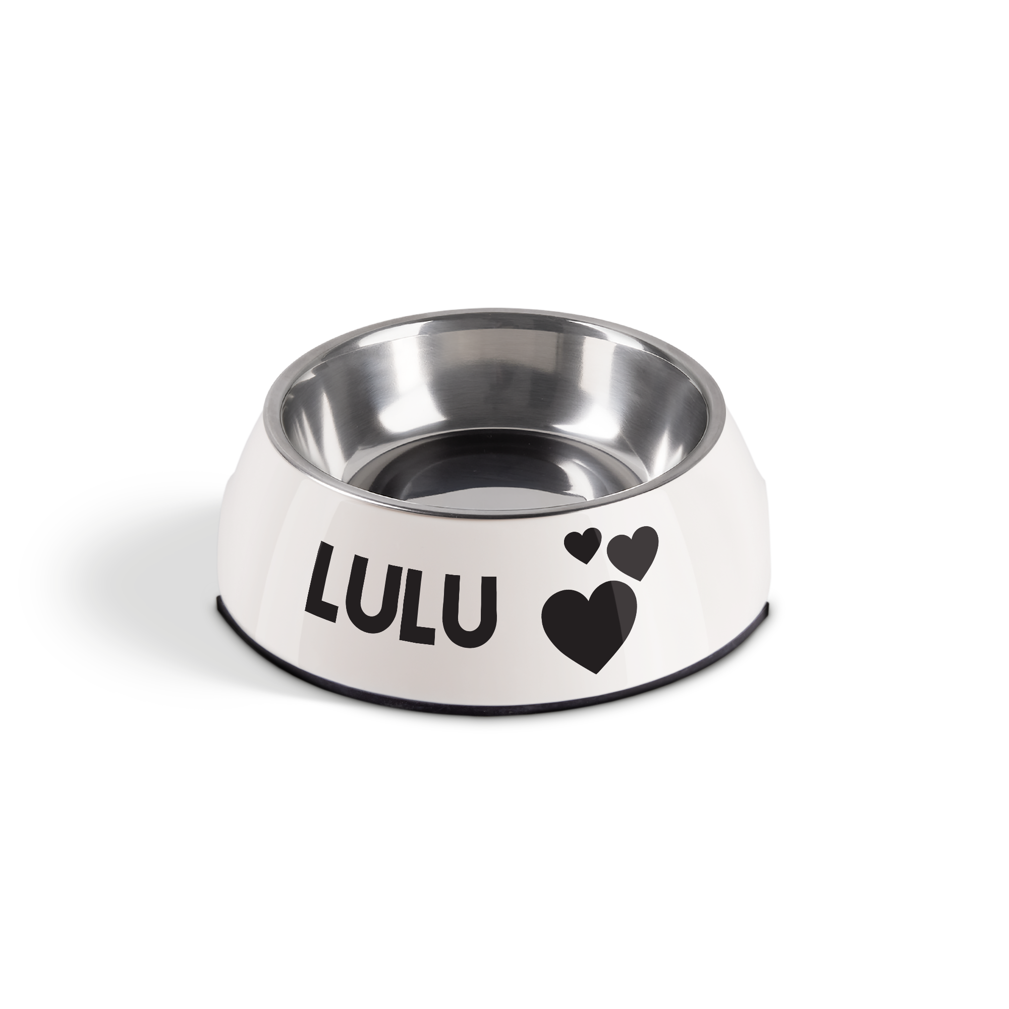 Gepersonaliseerde hondenvoerbak - Wit - 160ml met zwarte opdruk van de naam "LULU" en drie hartjes, deels gevuld en leeg, aan de zijkant.