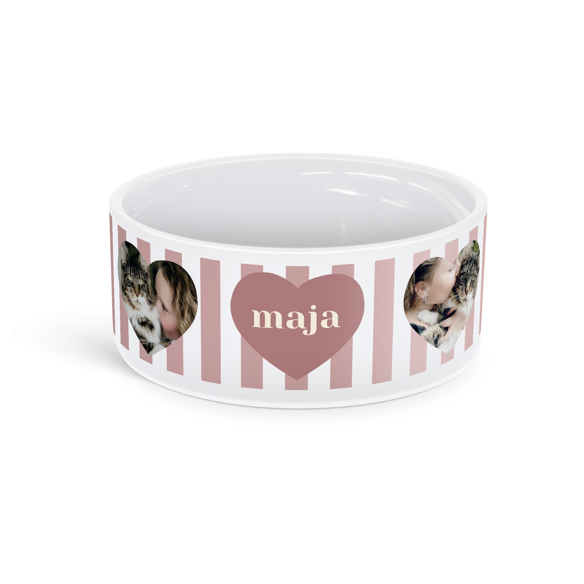Personalisierter Futternapf aus Keramik, weiß mit rosa Streifen, bedruckt mit Herzfotos und dem Namen Maja