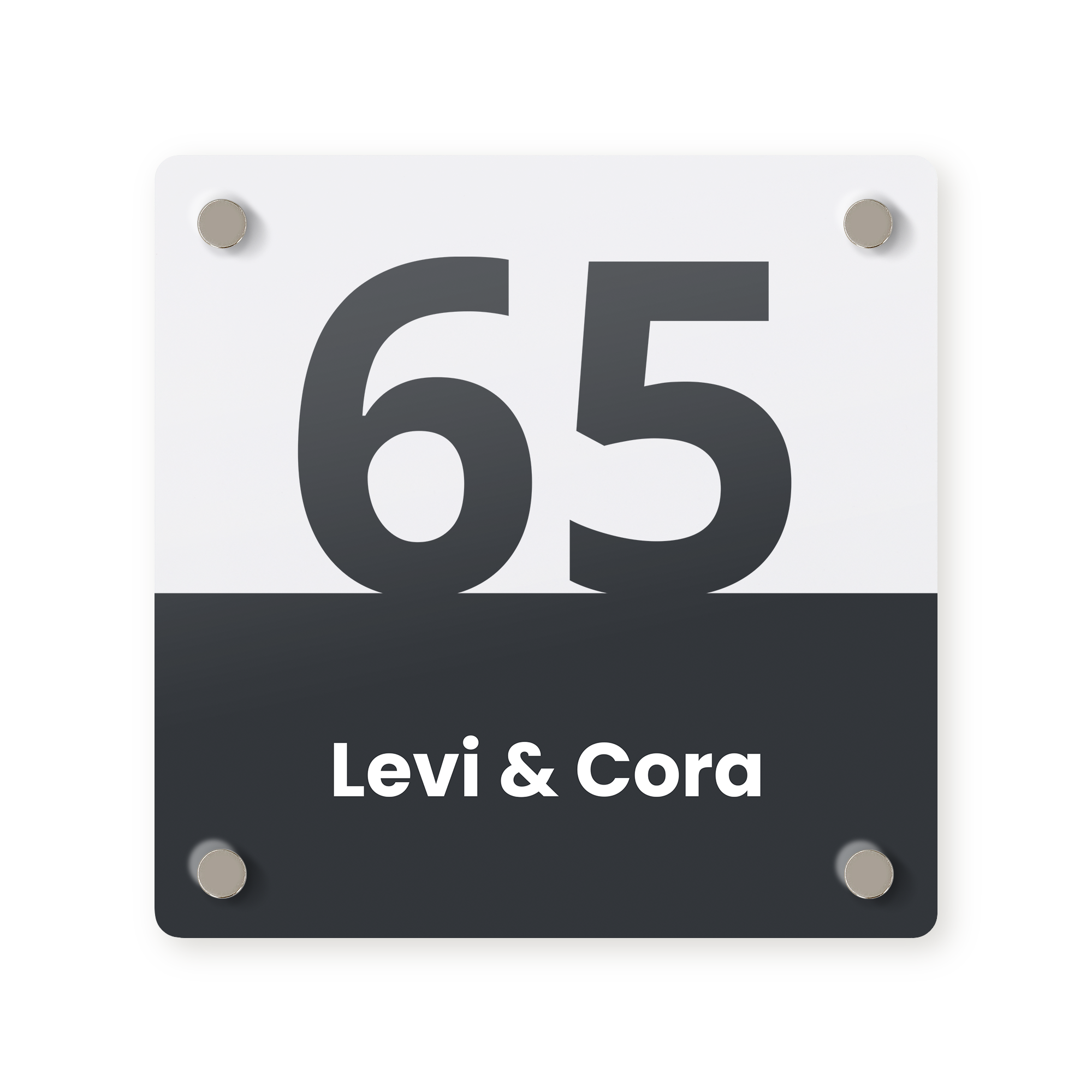 Personaliziran hišni znak s številko 65 in imeni Levi & Cora, pritrjen z distančniki.