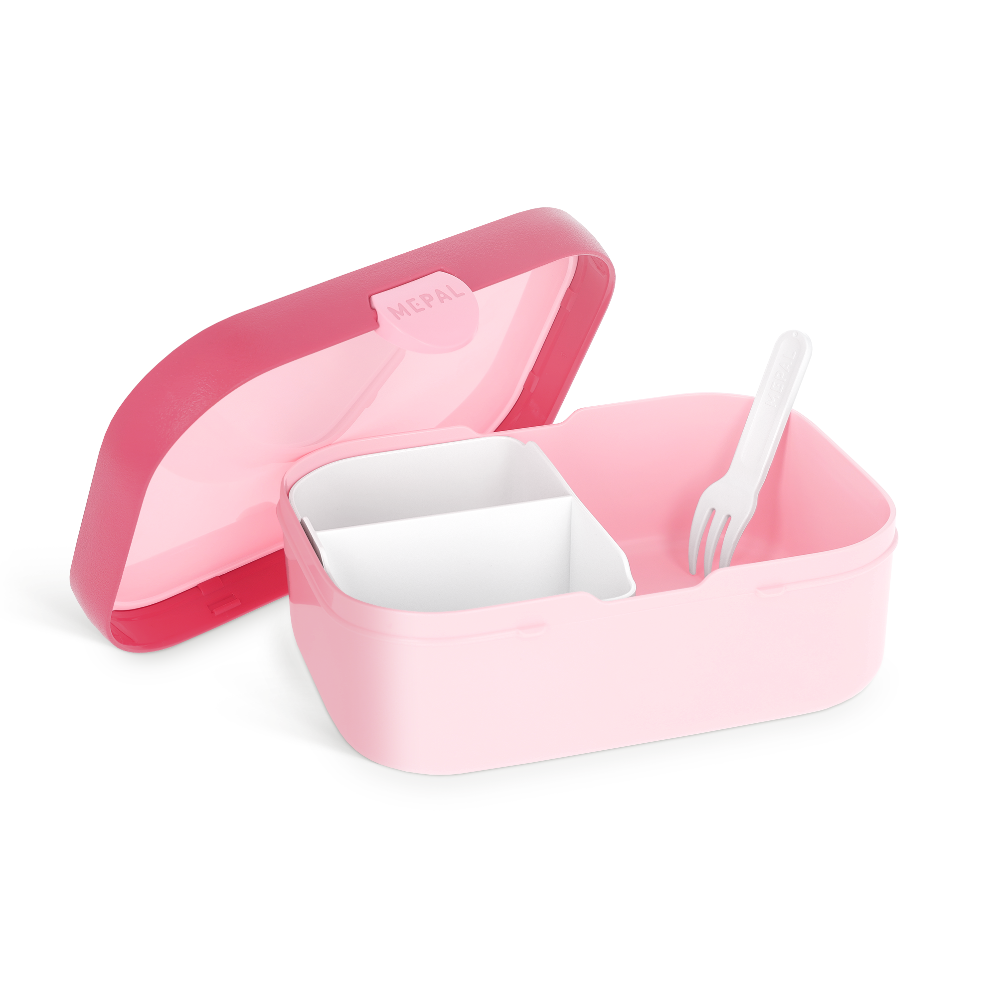 Mepal Brotdose in Pink, geöffnet mit weißem Besteck und herausnehmbarer Bento-Einlage, mit ihrem Namen schmeckt’s gleich noch besser