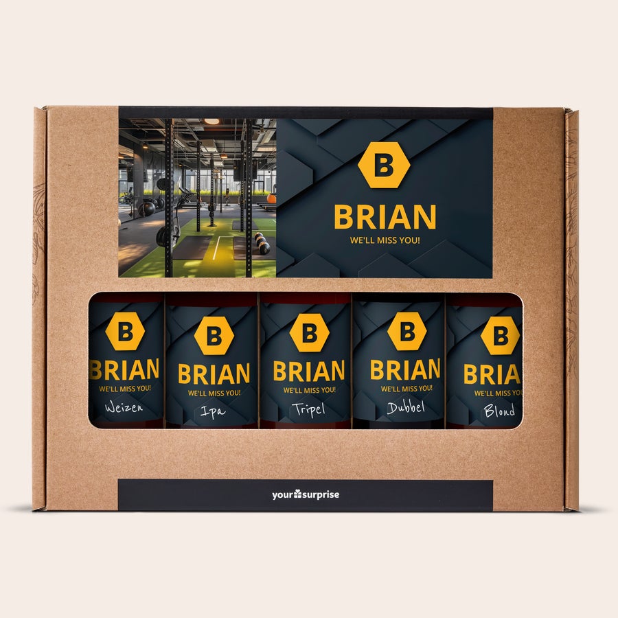 Vaša osobná kolekcia piva Personalizovaná línia piva s menom Brian a textom We'll miss you, balená v darčekovej krabičke s potlačou.