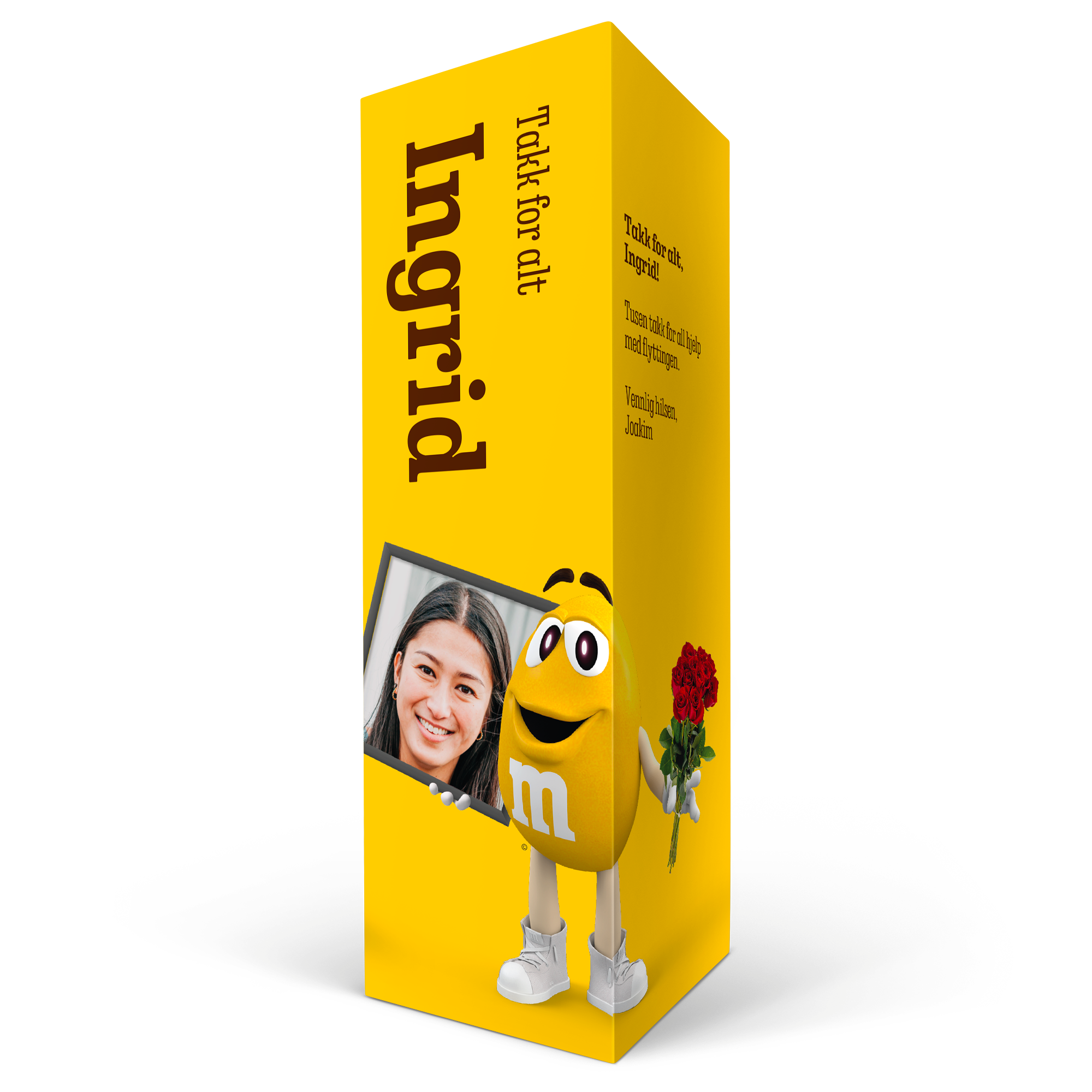 Personlig M&M's-gaveeske trykt med bilde av kvinne, navn 