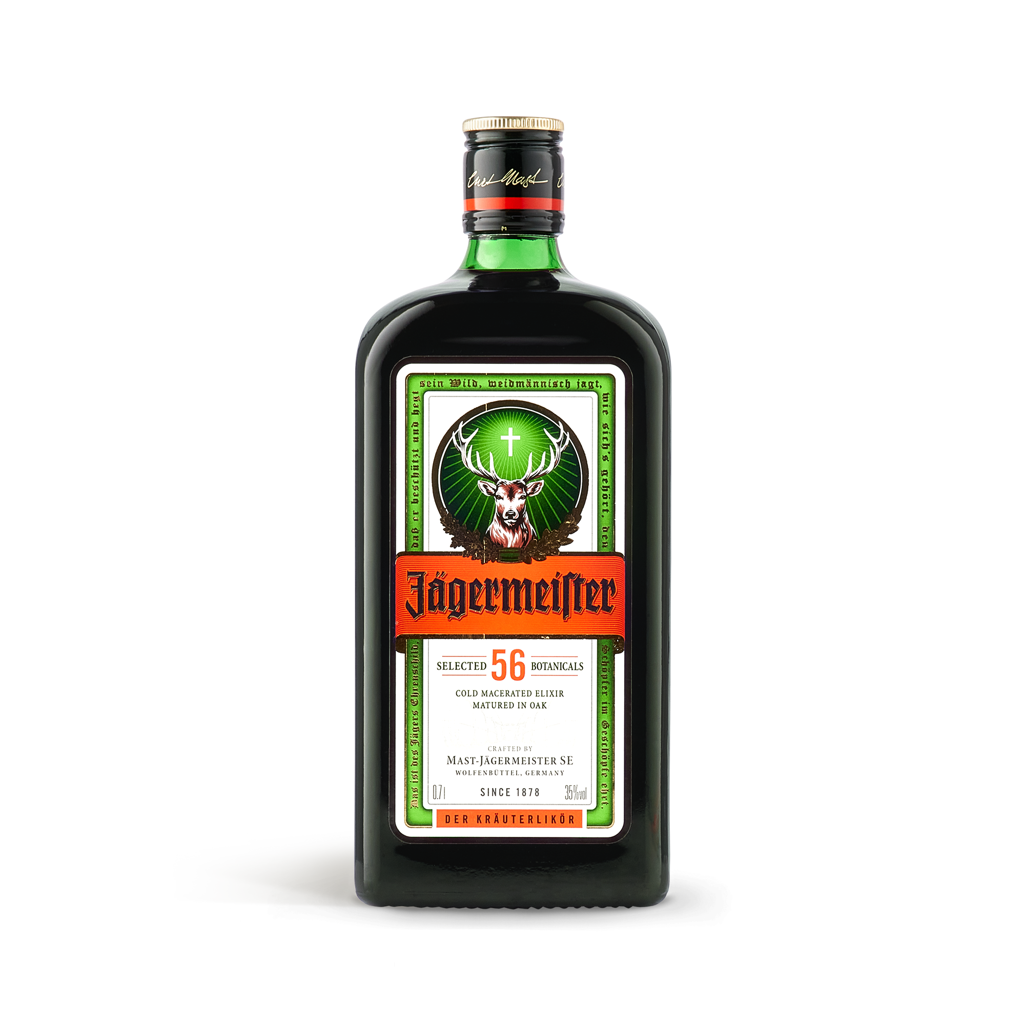 Sticlă de lichior Jagermeister, cu etichetă portocalie și verde, logo cerb și text.