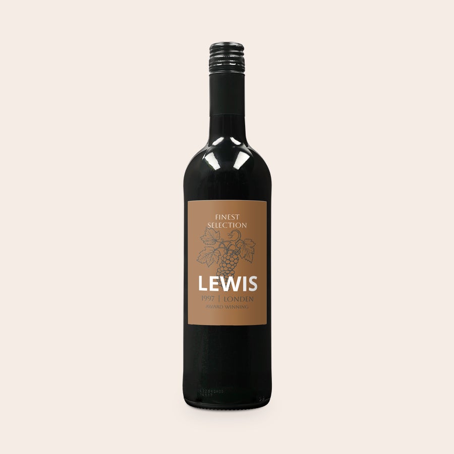 Belvy - Vino Rosso Personalizzato Bottiglia di vino rosso Belvy con etichetta stampata personalizzata, testo Lewis e grappolo d'uva