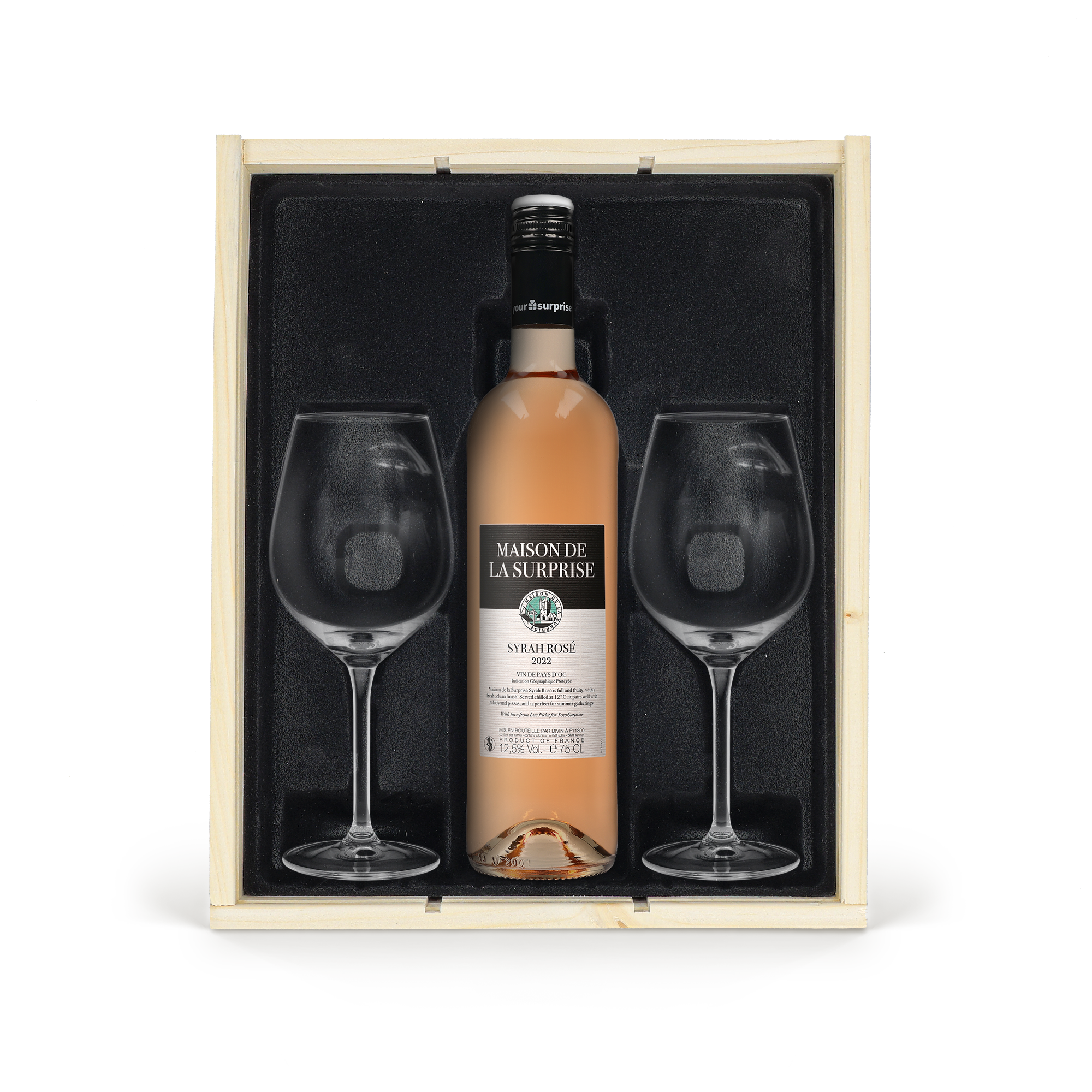 Conjunto de vinho rosé Maison de la Surprise com 2 copos numa caixa de madeira personalizada.