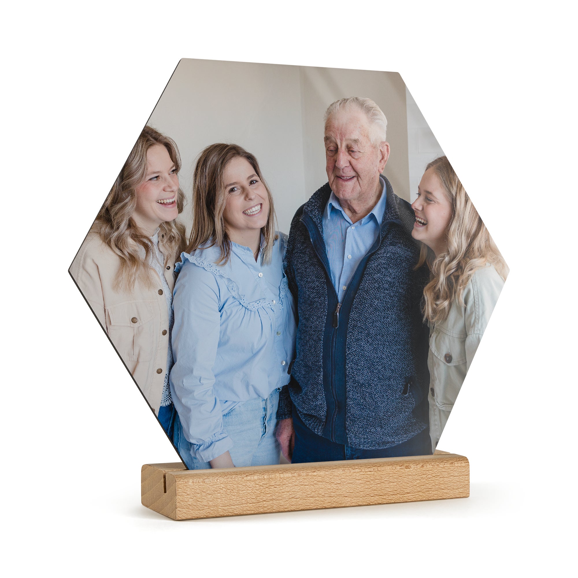 Houten fototegel met houder bedrukken - Hexagon Houten fototegel met houder bedrukken - Hexagon