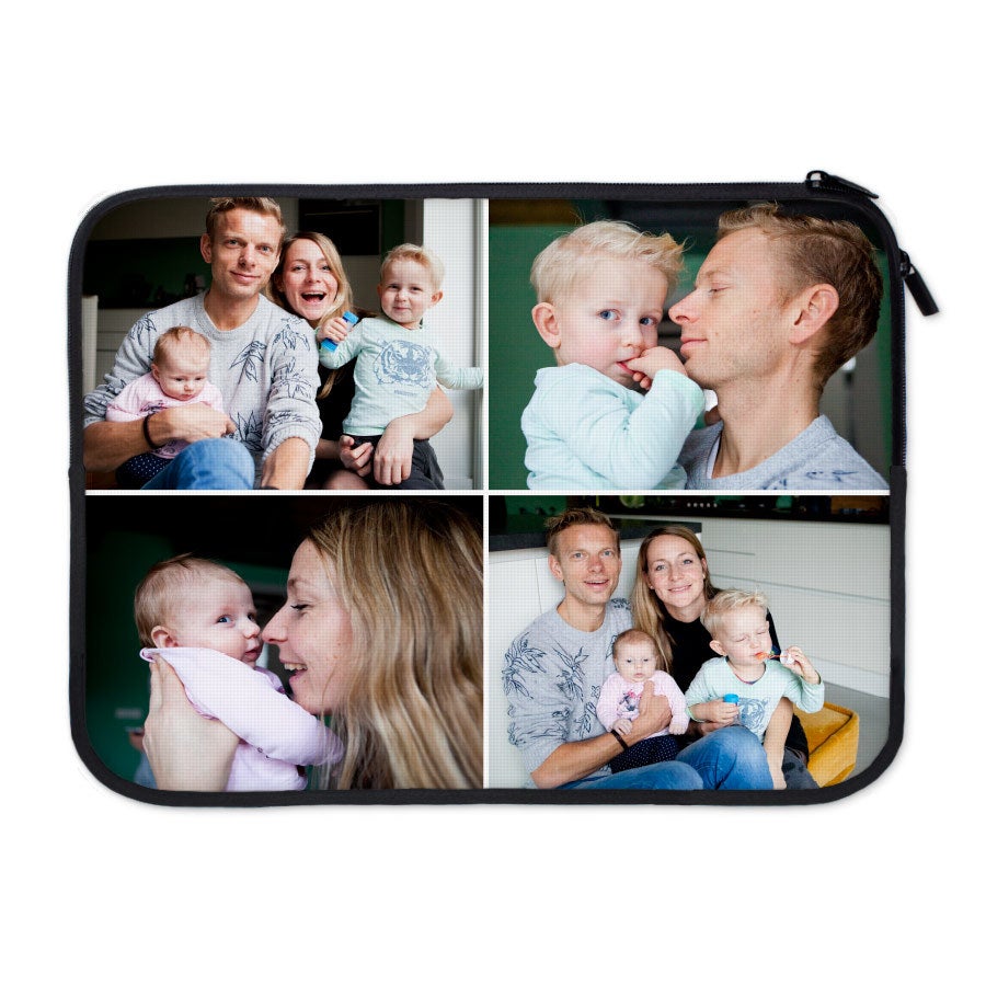 Husă neopren neagră pentru laptop, personalizată cu colaj foto de familie, oferă un cadou personalizat cu fotografie.