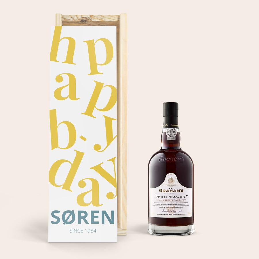 Portvin med personlig etikette - Grahams The Tawny Reserve Grahams The Tawny Reserve i personlig trækasse med fuldfarvetryk af tekst SØREN SINCE 1984
