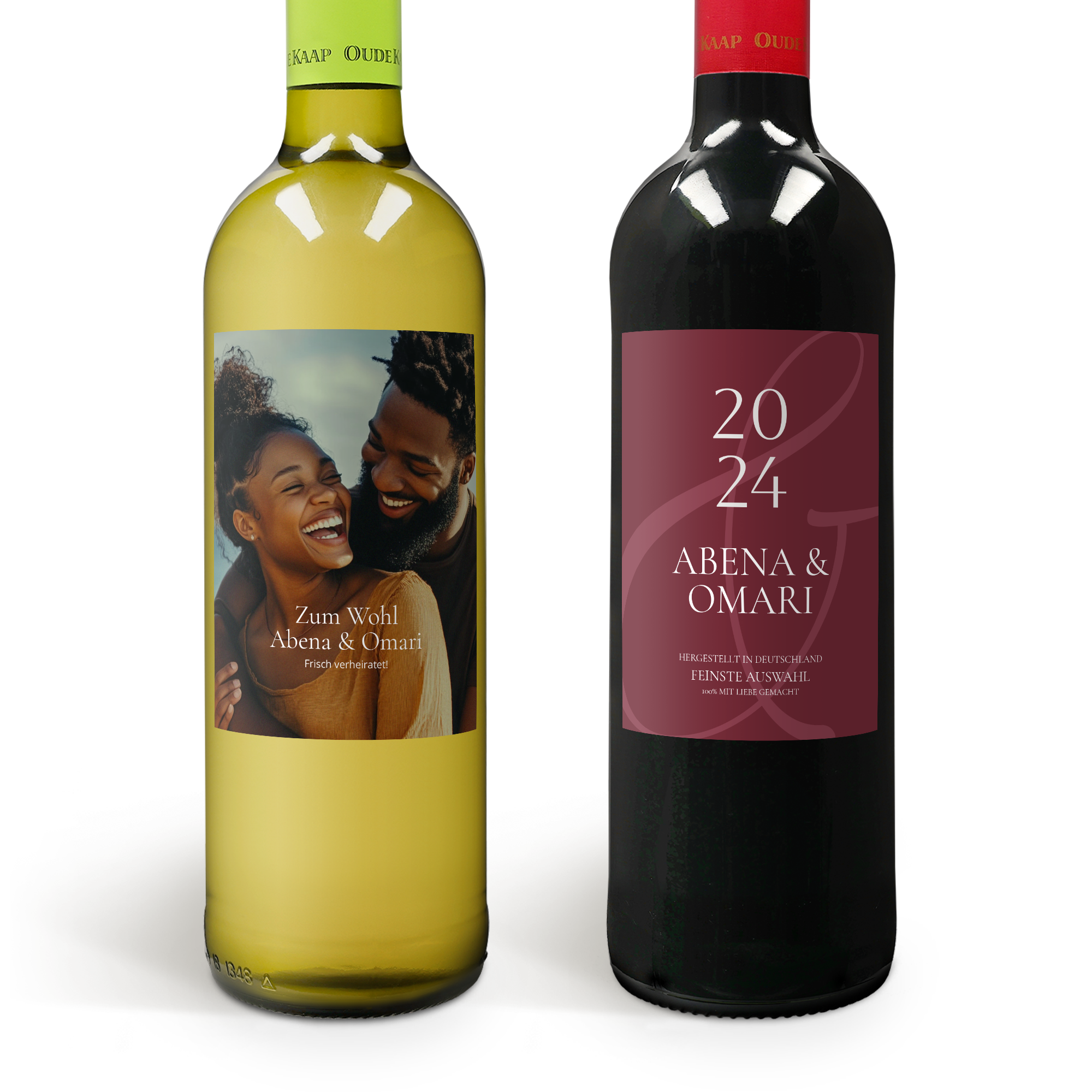 Weinpaket Oude Kaap mit Rot- und Weißwein, die mit personalisierten Etiketten mit Fotos, Namen und Datum bedruckt sind