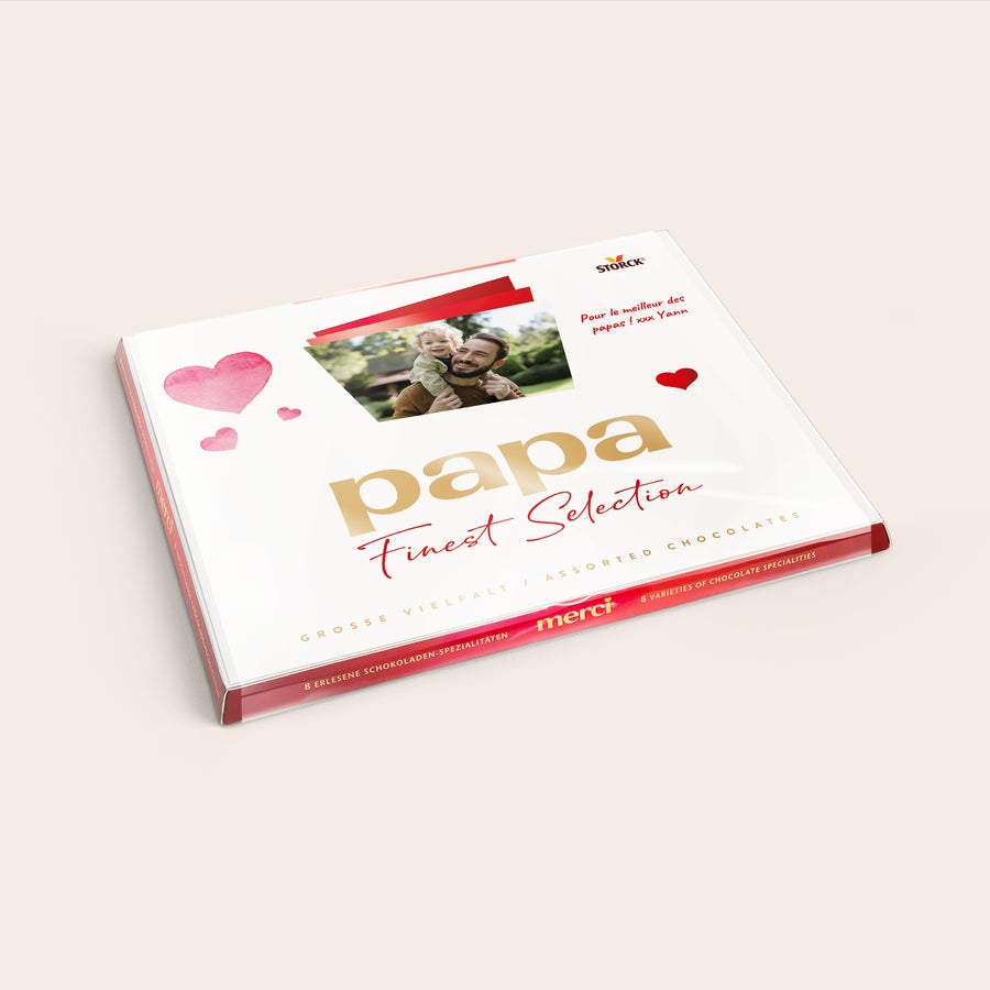 Chocolat Merci Finest Selection avec carte de vœux Chocolat Merci avec carte personnalisée - 250 grammes, avec photo imprimée et texte "Pour le meilleur des papas! xxx Yann", idéal pour Papa.