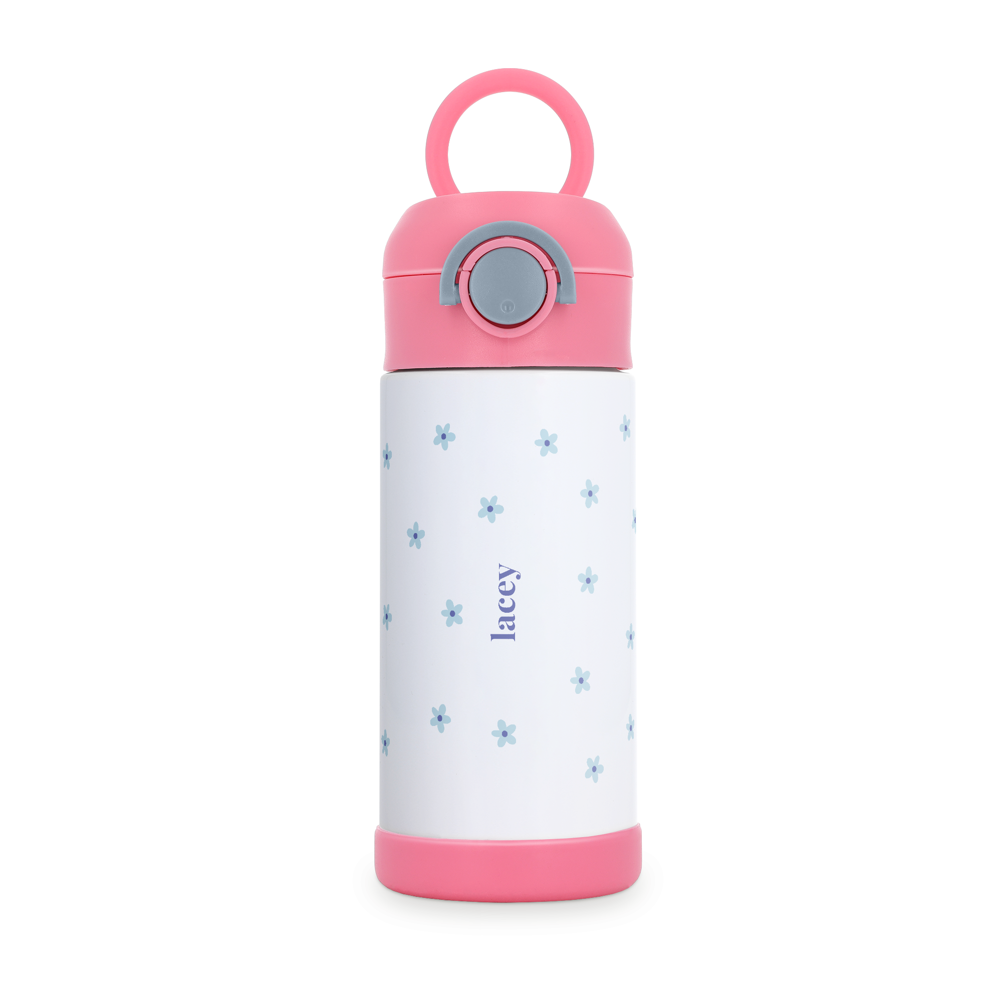 Garrafa de água de aço inoxidável personalizada para crianças, com nome Lacey e flores azuis impressas, tampa rosa com alça