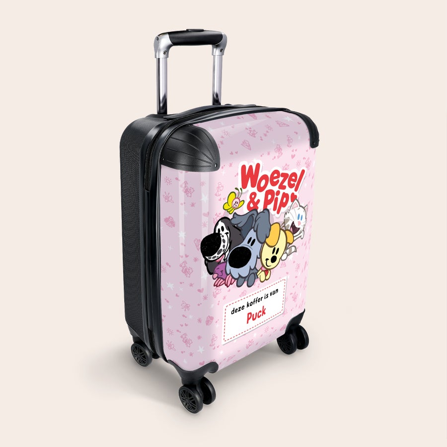 Woezel & Pip naamkoffer handbagage Roze Woezel & Pip naamkoffer handbagage bedrukt met naam Puck en de honden Woezel en Pip
