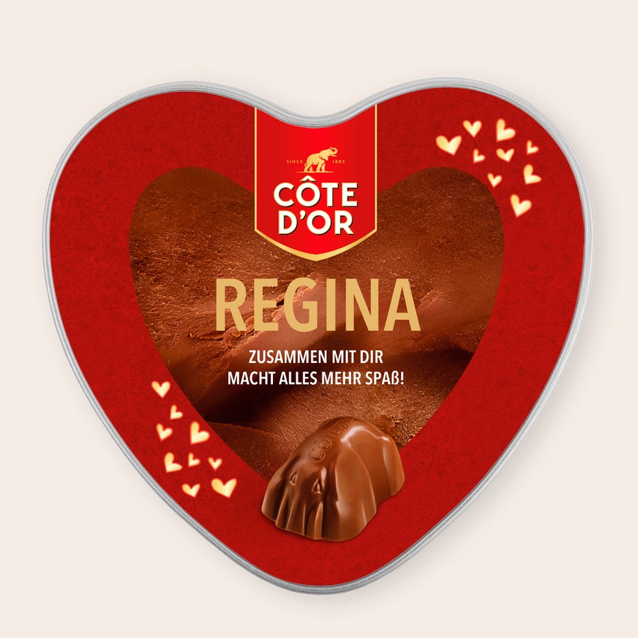 Mini Bouchée Côte d’Or - Personalisierte Geschenkdose Personalisierte Geschenkdose - Herz - Mini Bouchée mit Name Regina und Botschaft gedruckt.