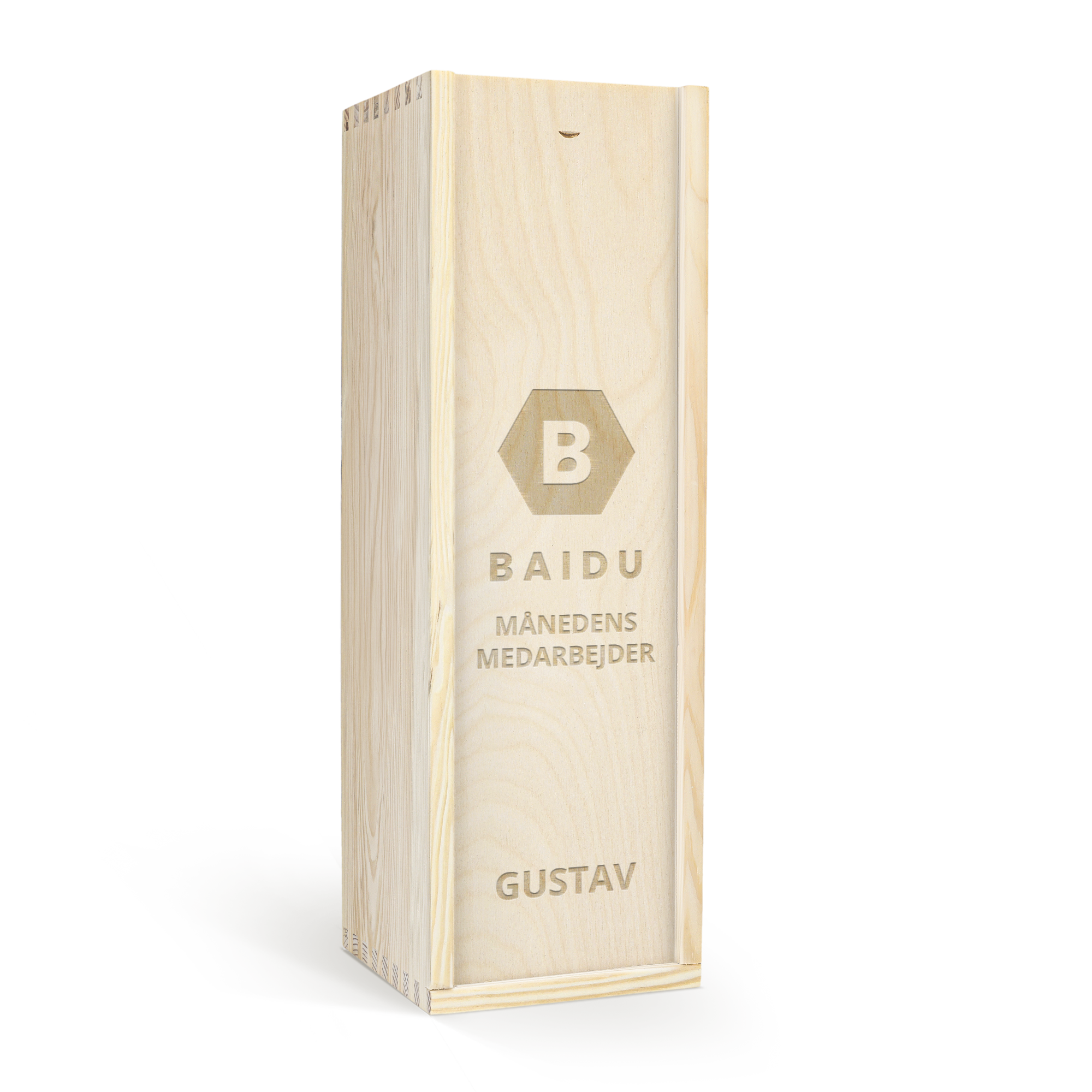 René Schloesser champagne i luksusgraveret kasse med teksten BAIDU MÅNEDENS MEDARBEJDER GUSTAV