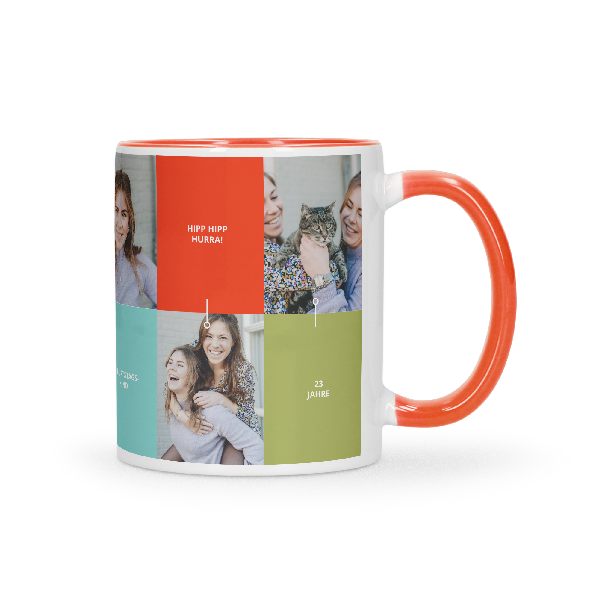 Weiße Tasse mit rotem Henkel und Innenfarbe, mit Fotos bedruckt und der Aufschrift "HIPP HIPP HURRA!" und "23 JAHRE"