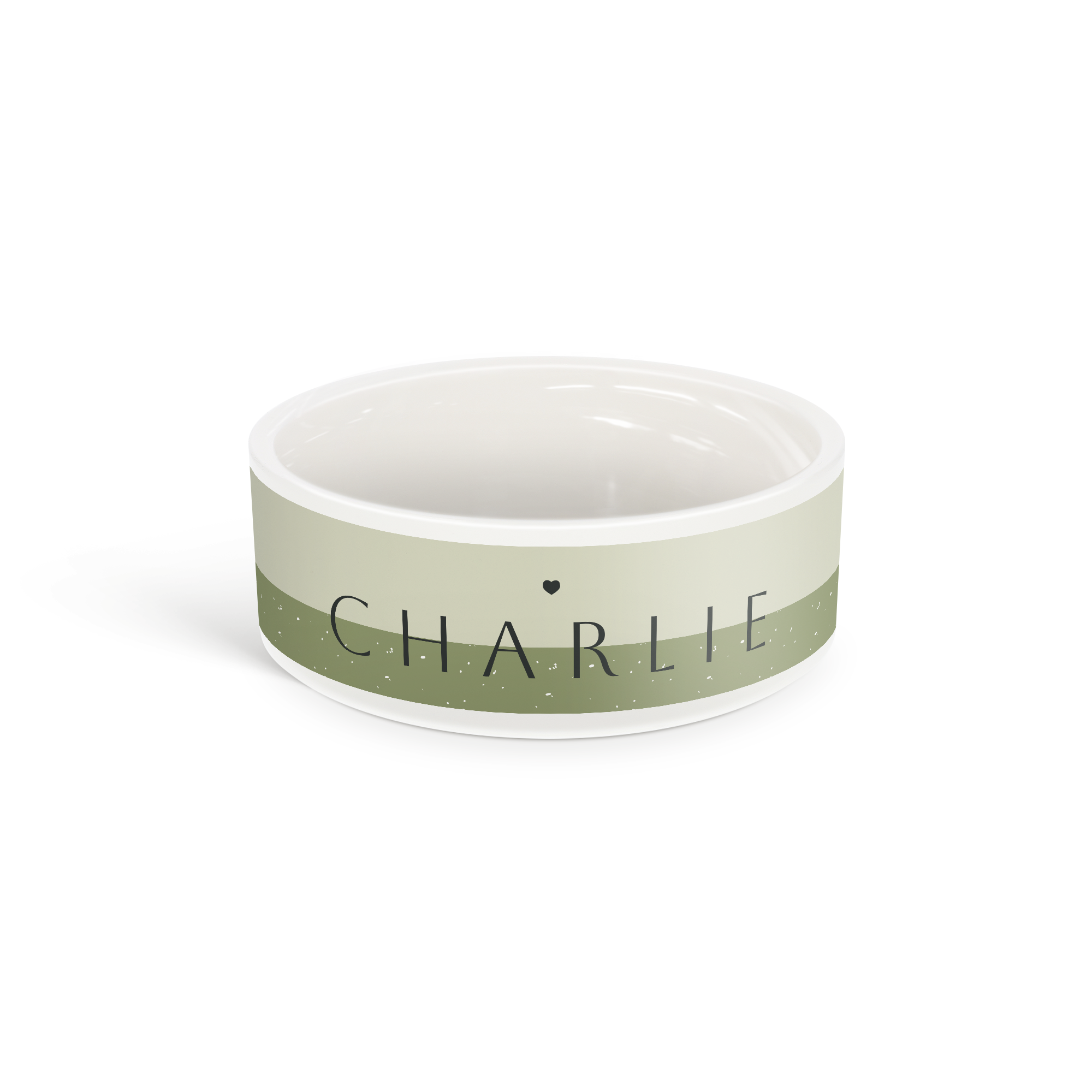 Tigela de comida de cerâmica verde clara personalizada com o nome CHARLIE impresso, com um coração e pontinhos.