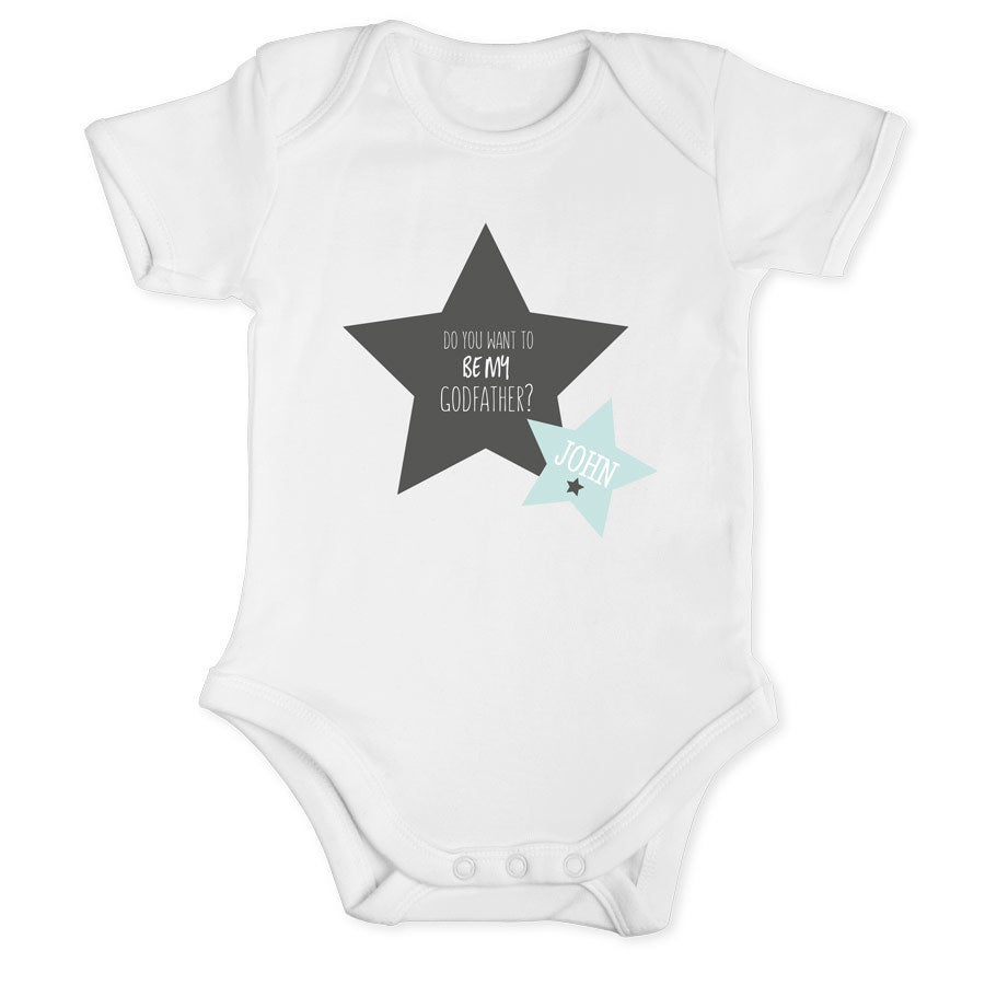 Sarai il mio padrino - onesie Tutina bianca personalizzata con la scritta "Do you want to be my Godfather?" e il nome John stampato