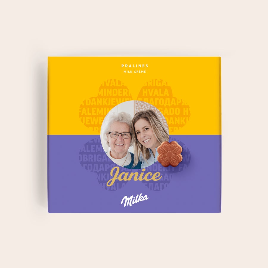 Milka Praliné Köszönöm Személyre szabott mondás Milka ajándékdobozban, fotóval és Janice névvel nyomtatva