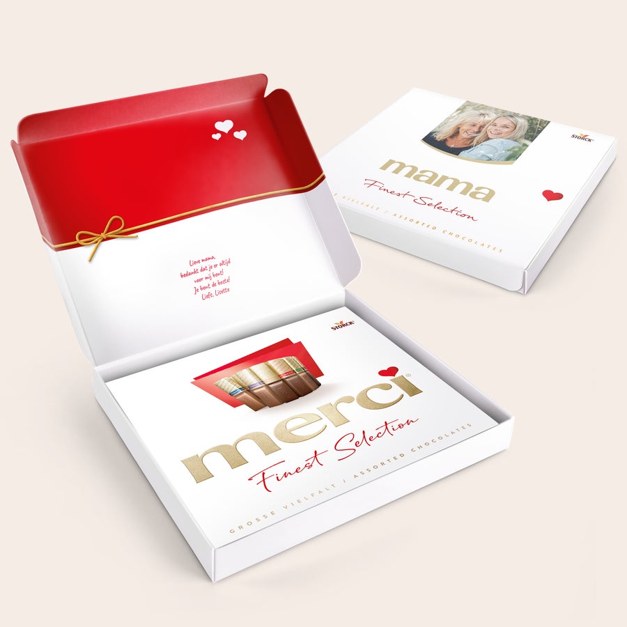 merci doos personaliseren - 250 gram Witte Merci doos personaliseren - 250 gram met een gepersonaliseerde foto op de deksel en een lieve tekst binnenin.