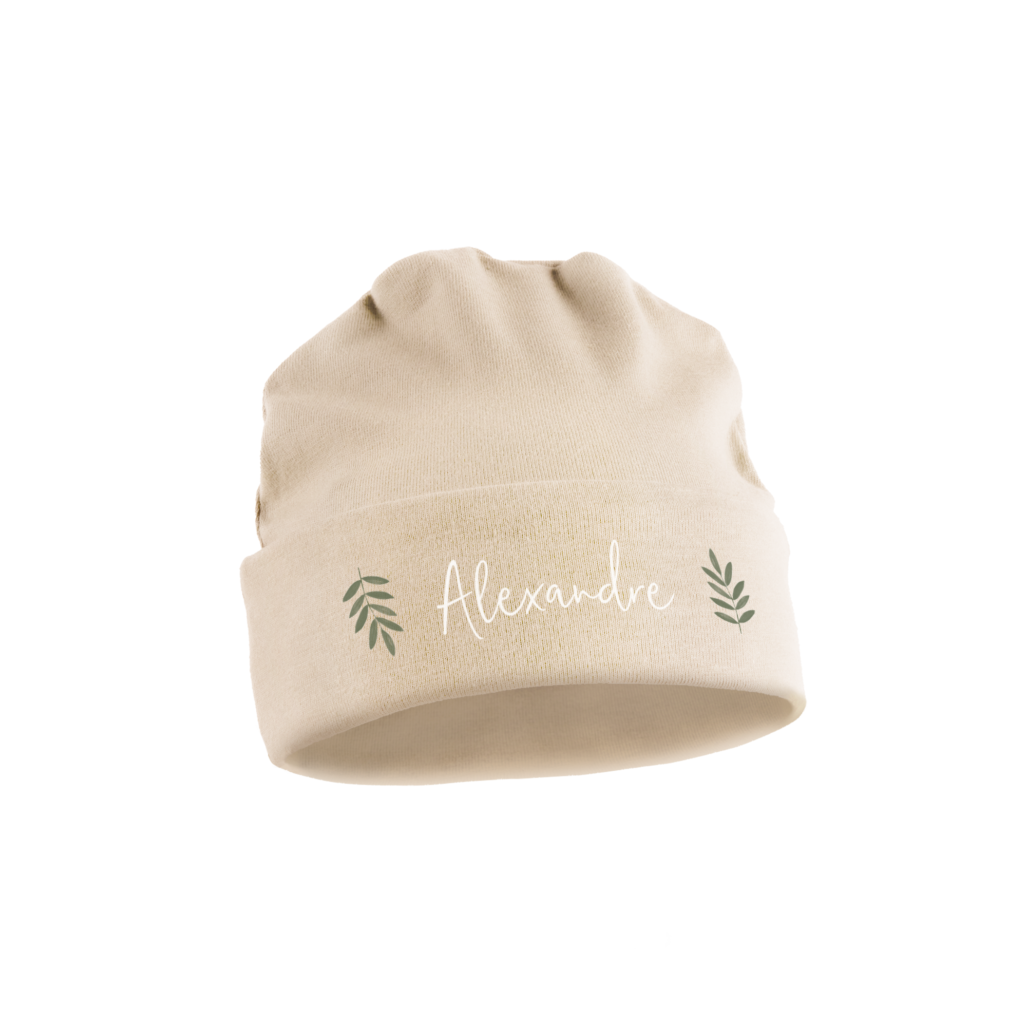 Bonnet bébé couleur crème personnalisé imprimé avec le nom Alexandre et des motifs de feuilles