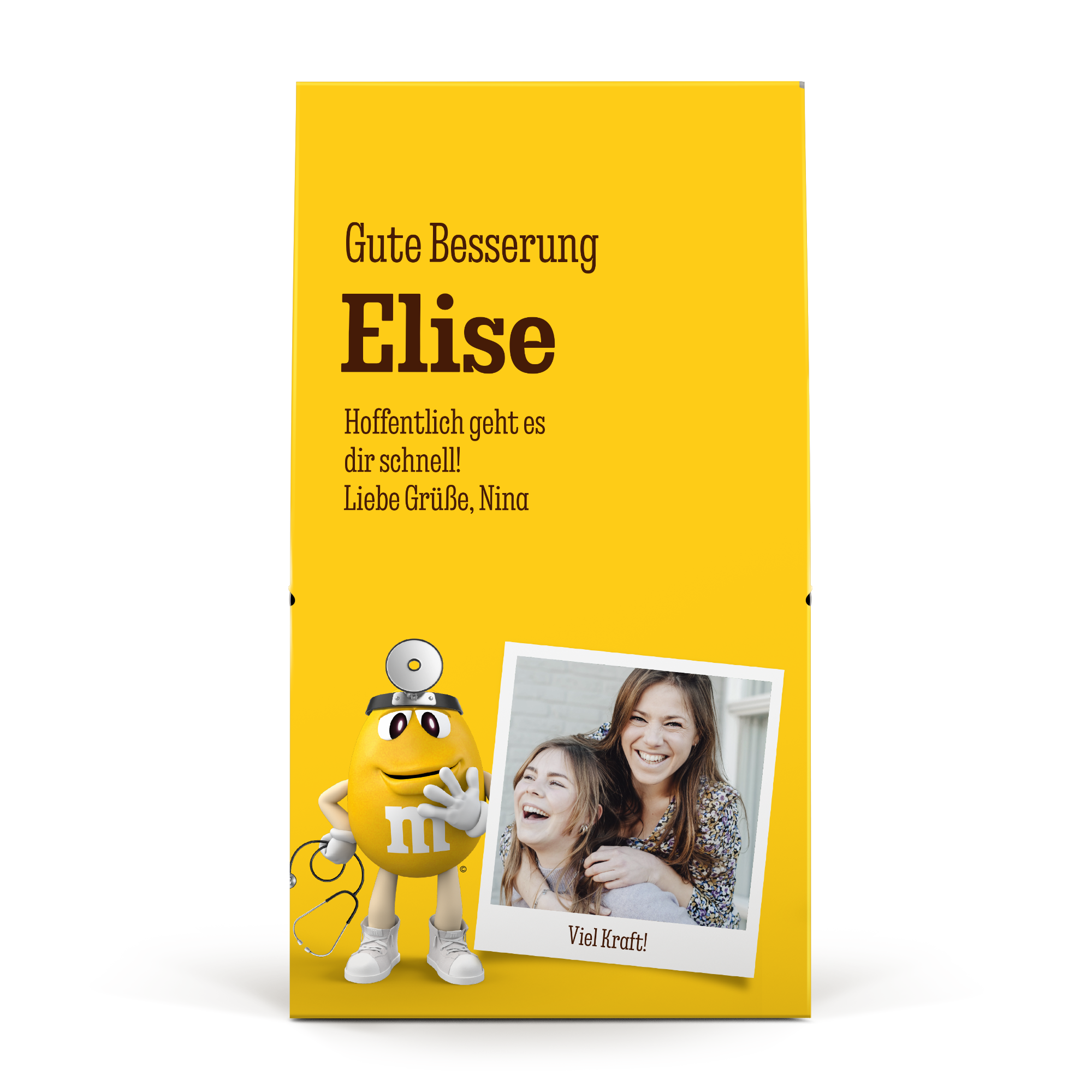 XL M&M's-Geschenkbox mit einem Foto von zwei Frauen und Genesungswünschen Gute Besserung Elise gedruckt