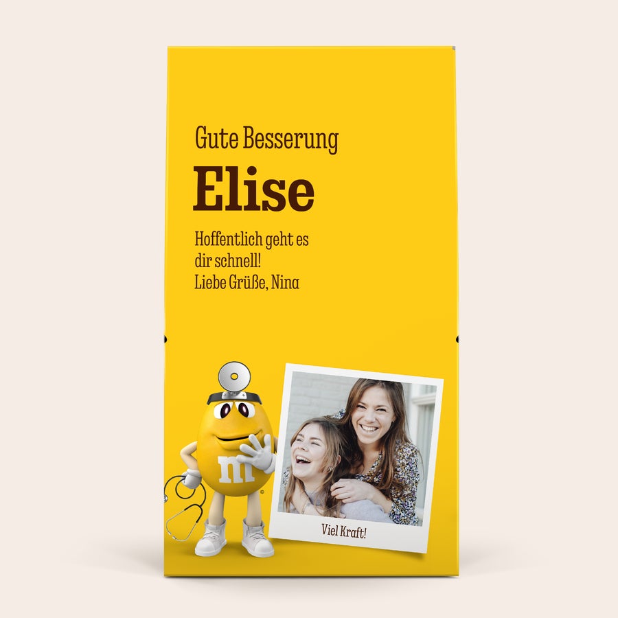 Personalisierte XL M&M's Geschenkbox - 6 Beutel (714 Gramm) XL M&M's-Geschenkbox mit einem Foto von zwei Frauen und Genesungswünschen Gute Besserung Elise gedruckt