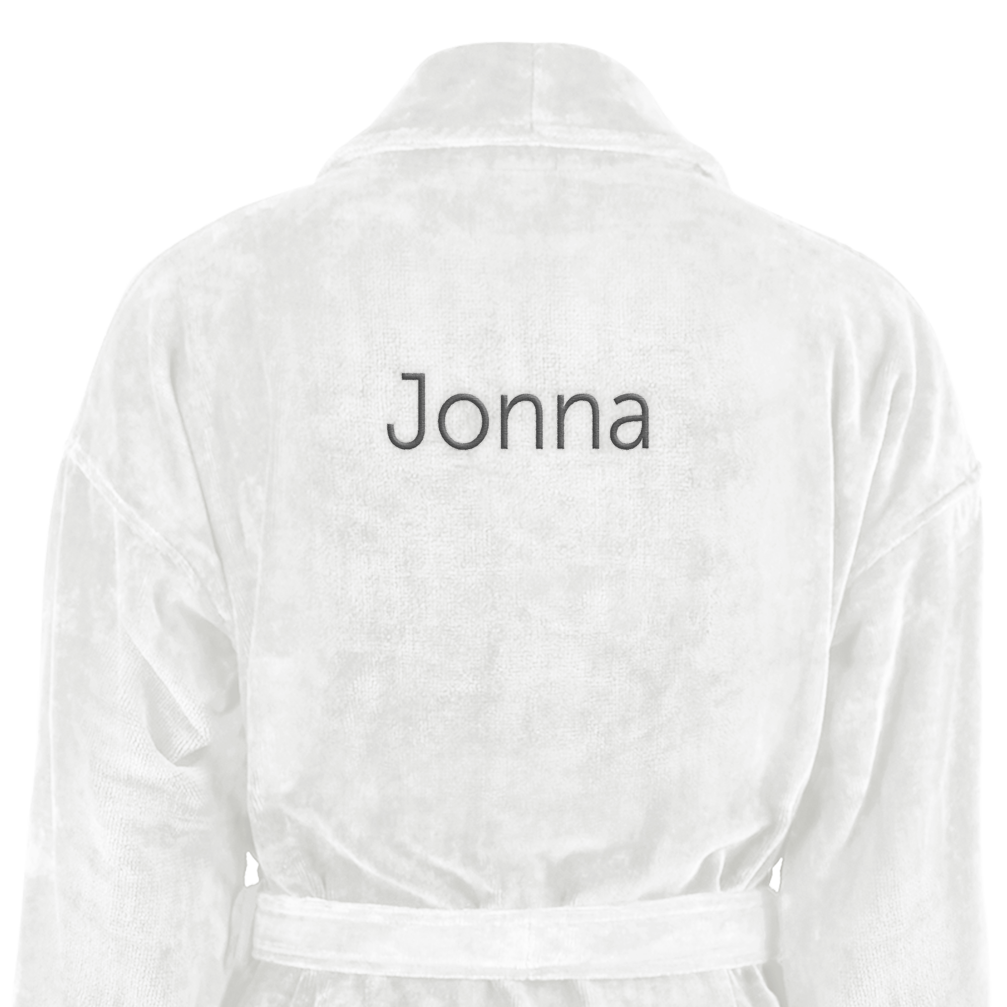 Mjuk vit badrock med namnet Jonna broderat på ryggen, ge en broderad badrock som gåva.