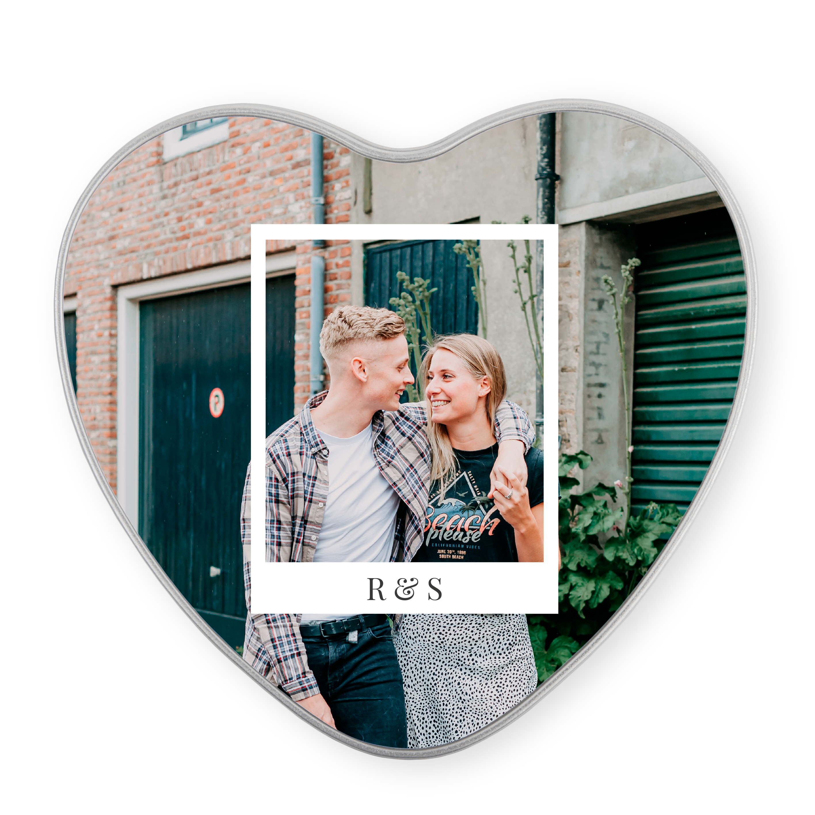 Scatola di latta a cuore, personalizzata con foto di coppia e testo R&S, una confezione regalo personale