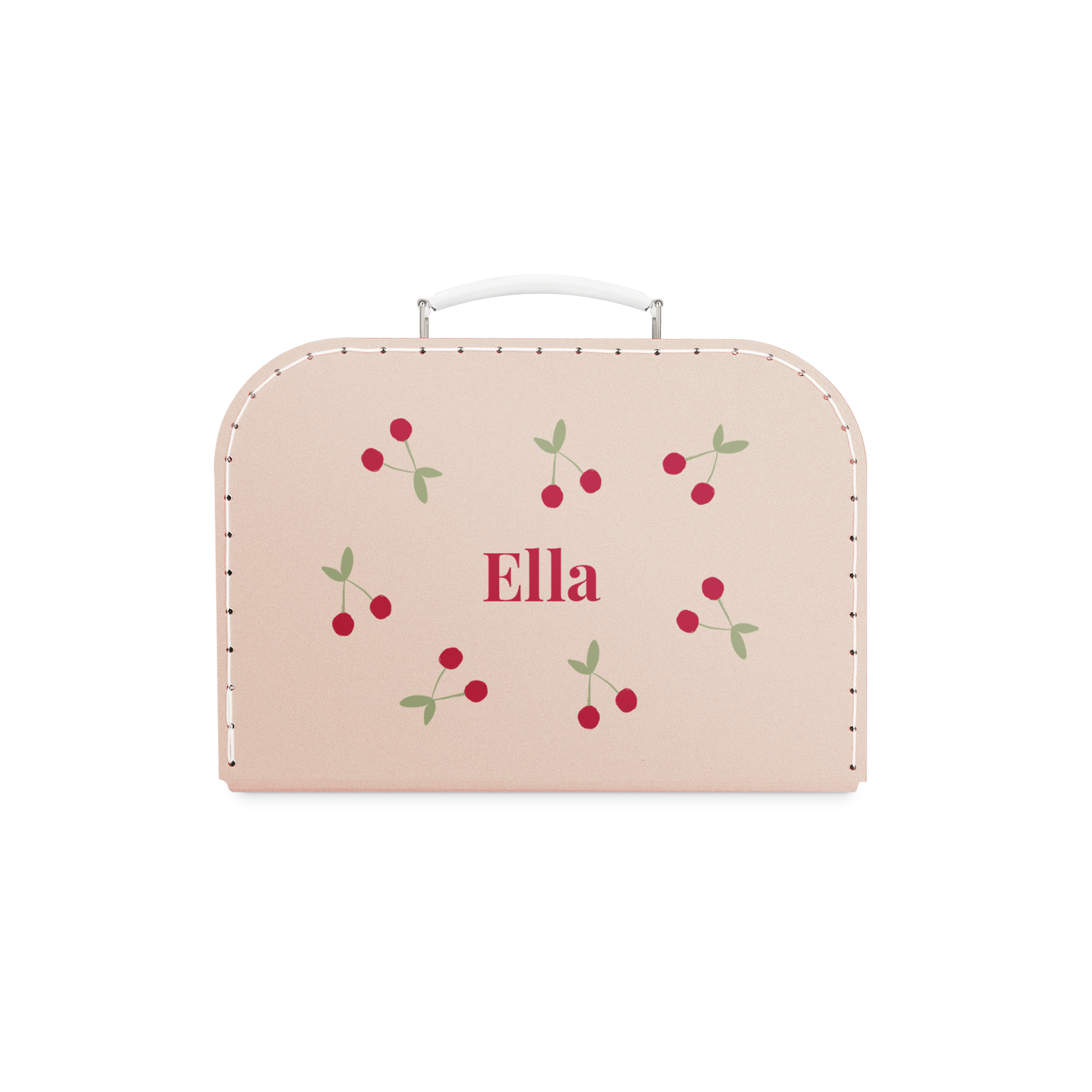 Rosa Kinderkoffer aus Pappe mit Namen Ella und Kirschmuster, mittelgroß, personalisierbar.