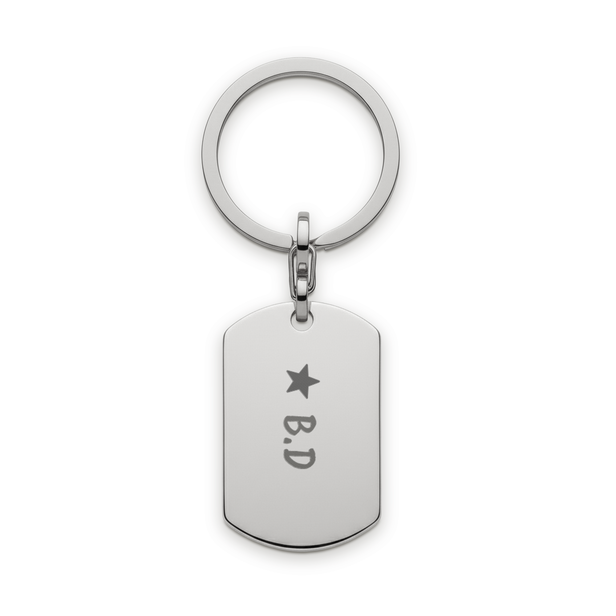 Graverad nyckelring - Hundbricka - Silver med personlig text B.D. och stjärna, en anpassningsbar gåva.