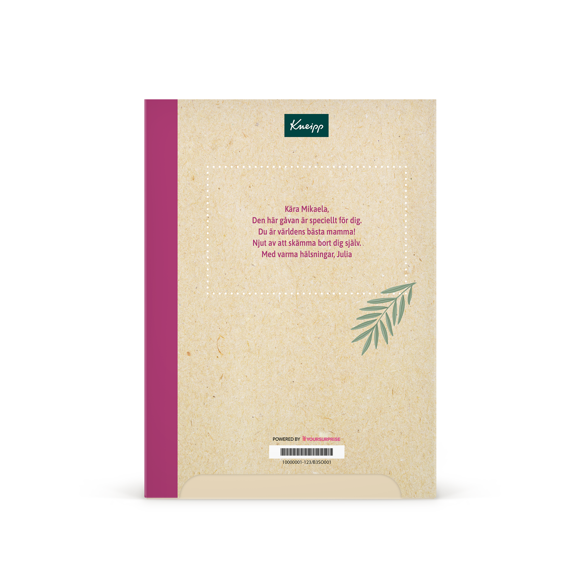 Personlig Kneipp presentförpackning för kvinnor - Kneipp design, med ett tryckt meddelande "Kära Mikaela, Den här gåvan är speciellt för dig. Du är världens bästa mamma! Njut av att skämma bort dig själv. Med varma hälsningar, Julia"