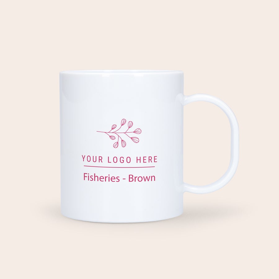 Cană din plastic personalizată Cana de plastic albă imprimată cu design floral roșu, text "Your logo here" și "Fisheries - Brown", personalizată cu logo-ul dvs.