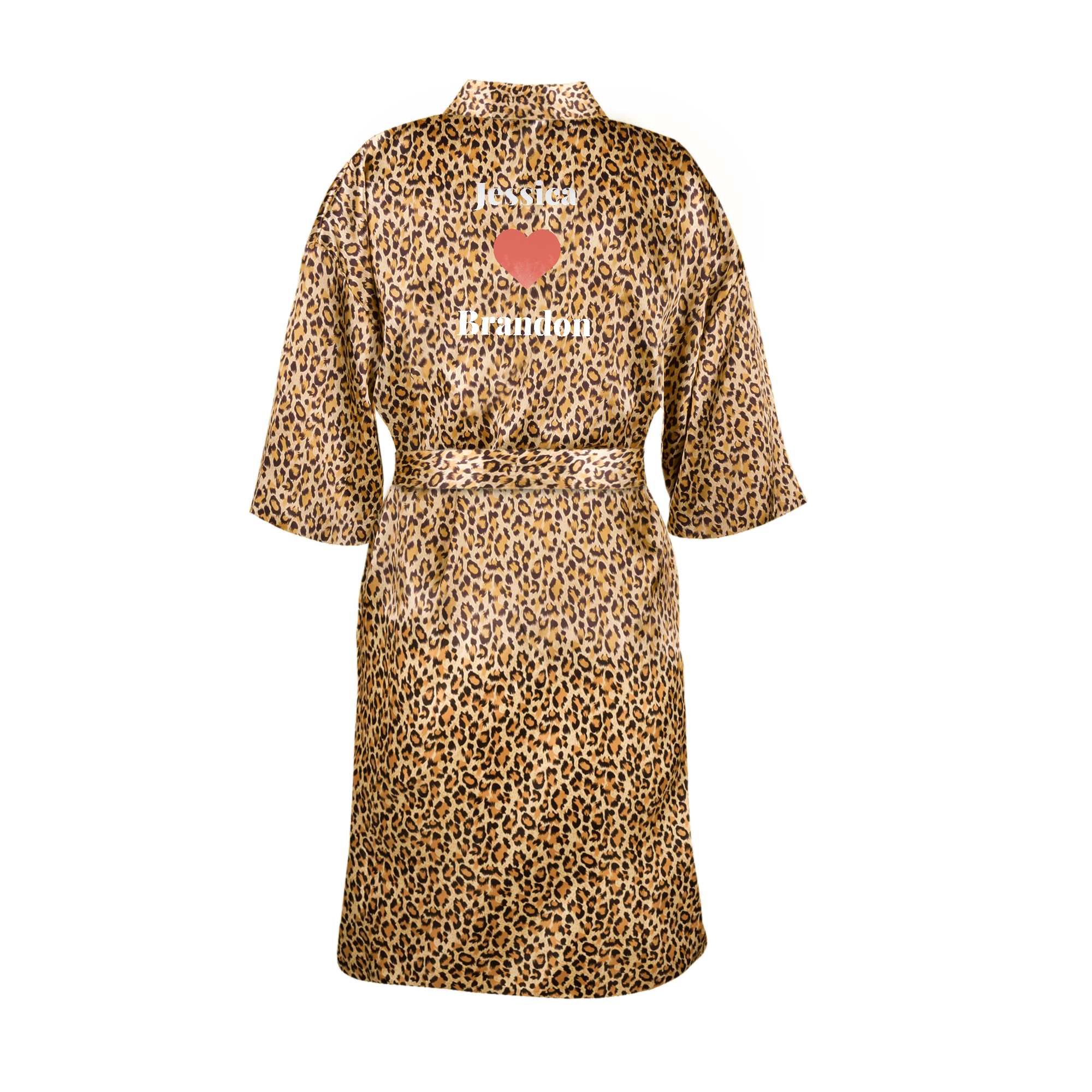 Leopard print personalized kimono with "Jessica" and "Brandon" printed with a red heart between them