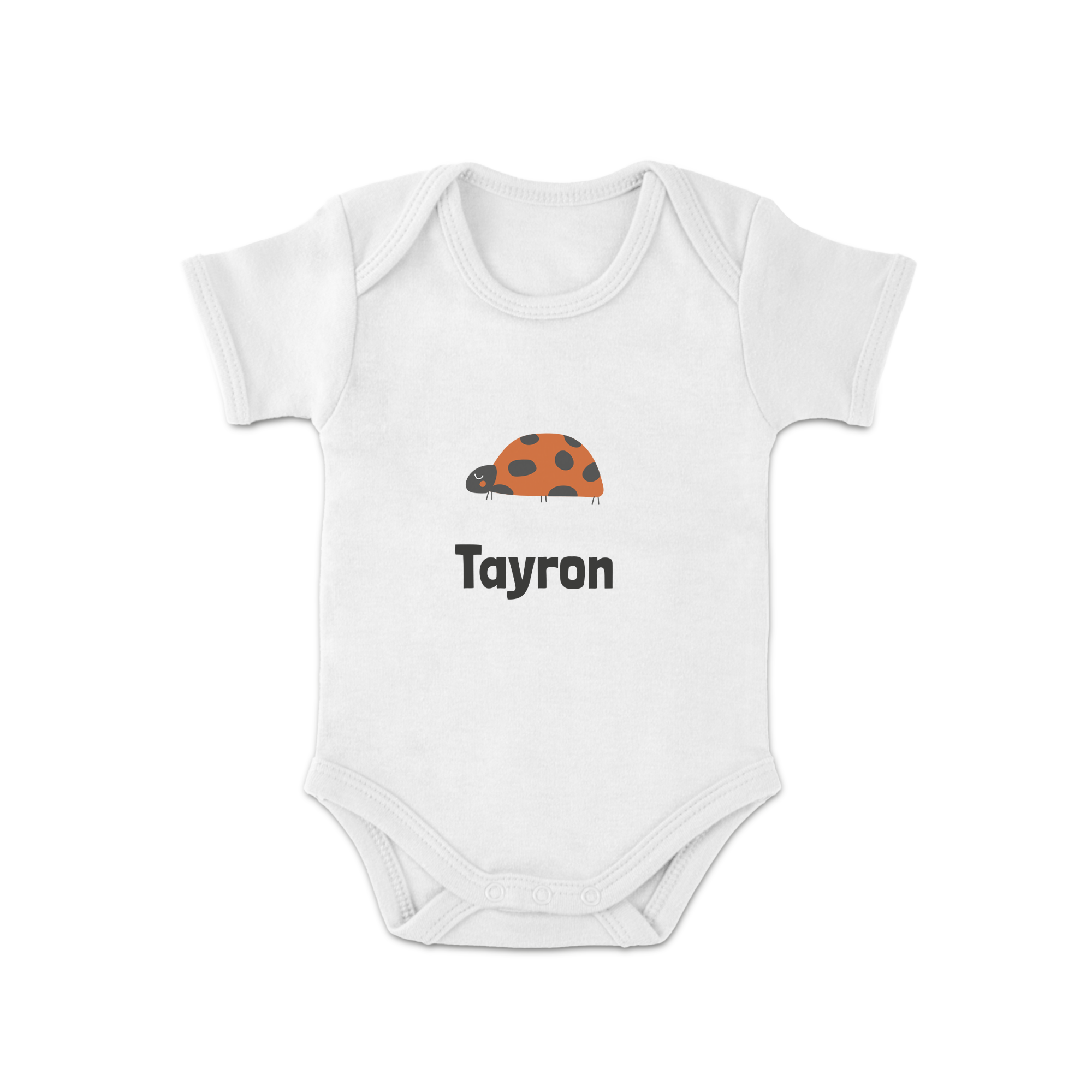Body blanc pour bébé imprimé avec une coccinelle et le prénom Tayron, idéal pour un body personnalisé.