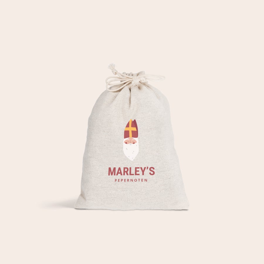 Pepernoten zakje bedrukken Gepersonaliseerde katoenen zakje voor Sinterklaas met opdruk van Sint en de tekst Marley's Pepernoten
