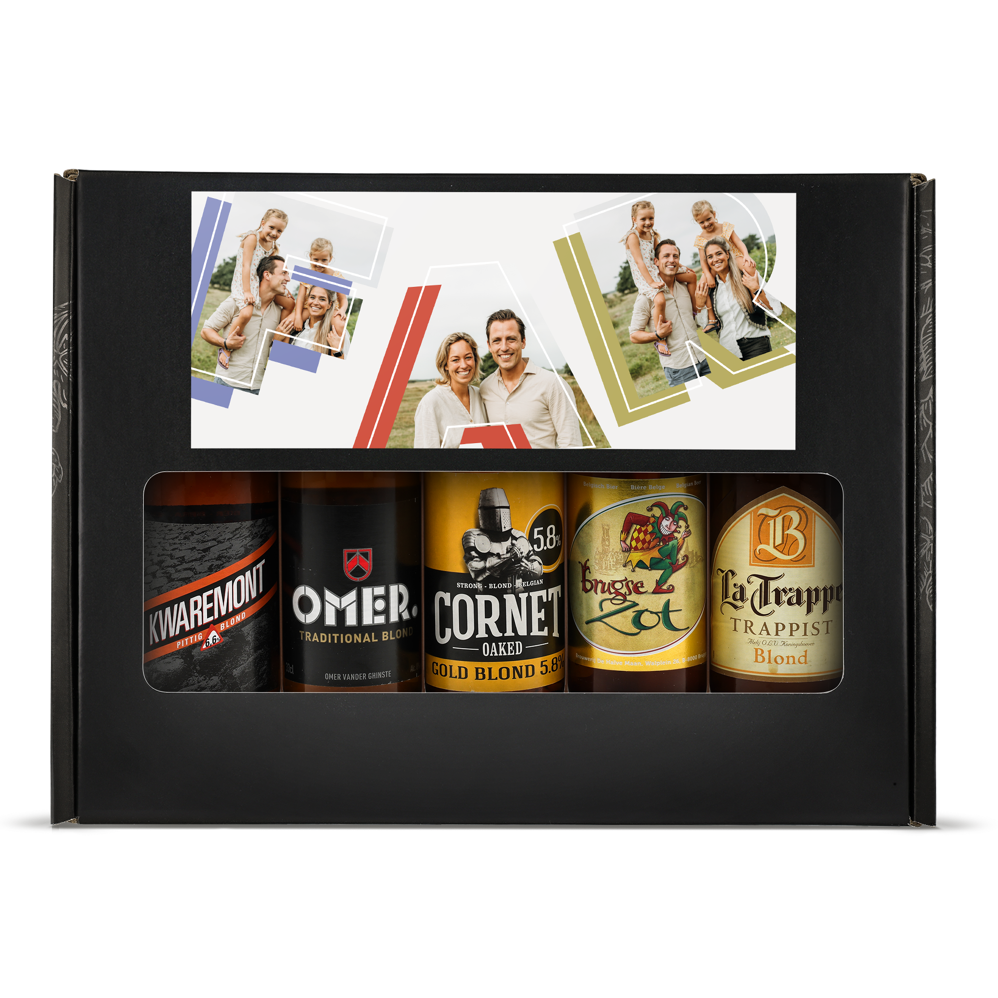 Personlig ølpakke - Blond i sort gaveæske med trykt fotokollage af en familie.
