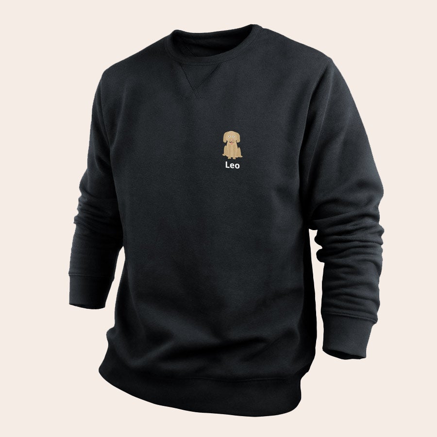 Maglione da uomo Maglione personale nero con illustrazione di cane beige e scritta Leo stampata