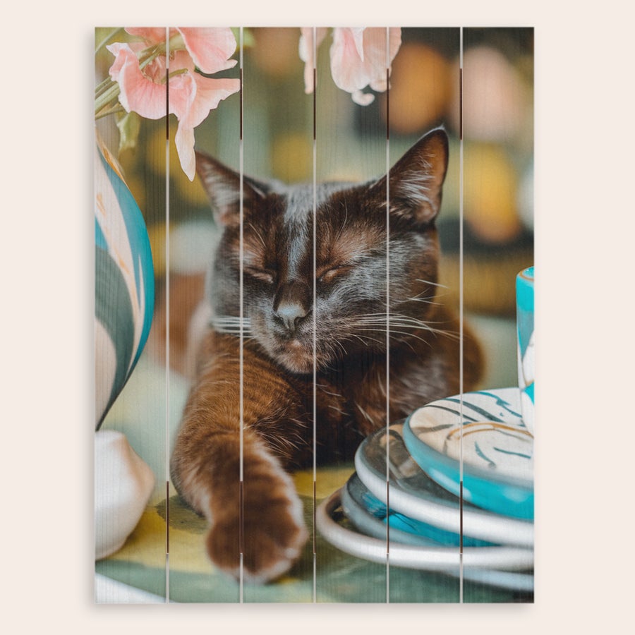 Foto på trä Porträtt av en sovande svart katt tryckt med ett foto på träplankor, med rosa blommor i bakgrunden.