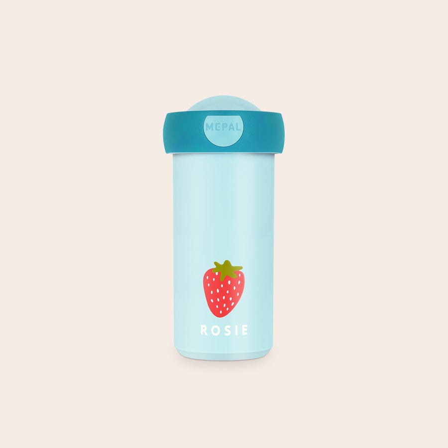 Personalised school cup - Mepal Light blue personalised school cup with a printed strawberry and the name Rosie for every school day special