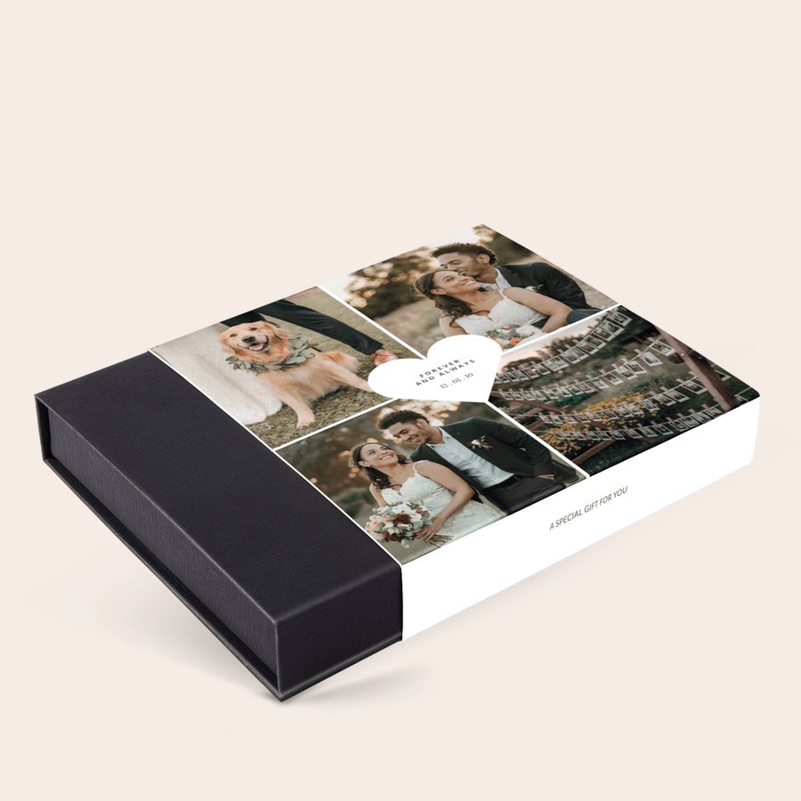Valentijn bonbons Luxe bonbon giftbox met full colour fotoprint van een stel en hond en de tekst Forever and Always, 12.01.20