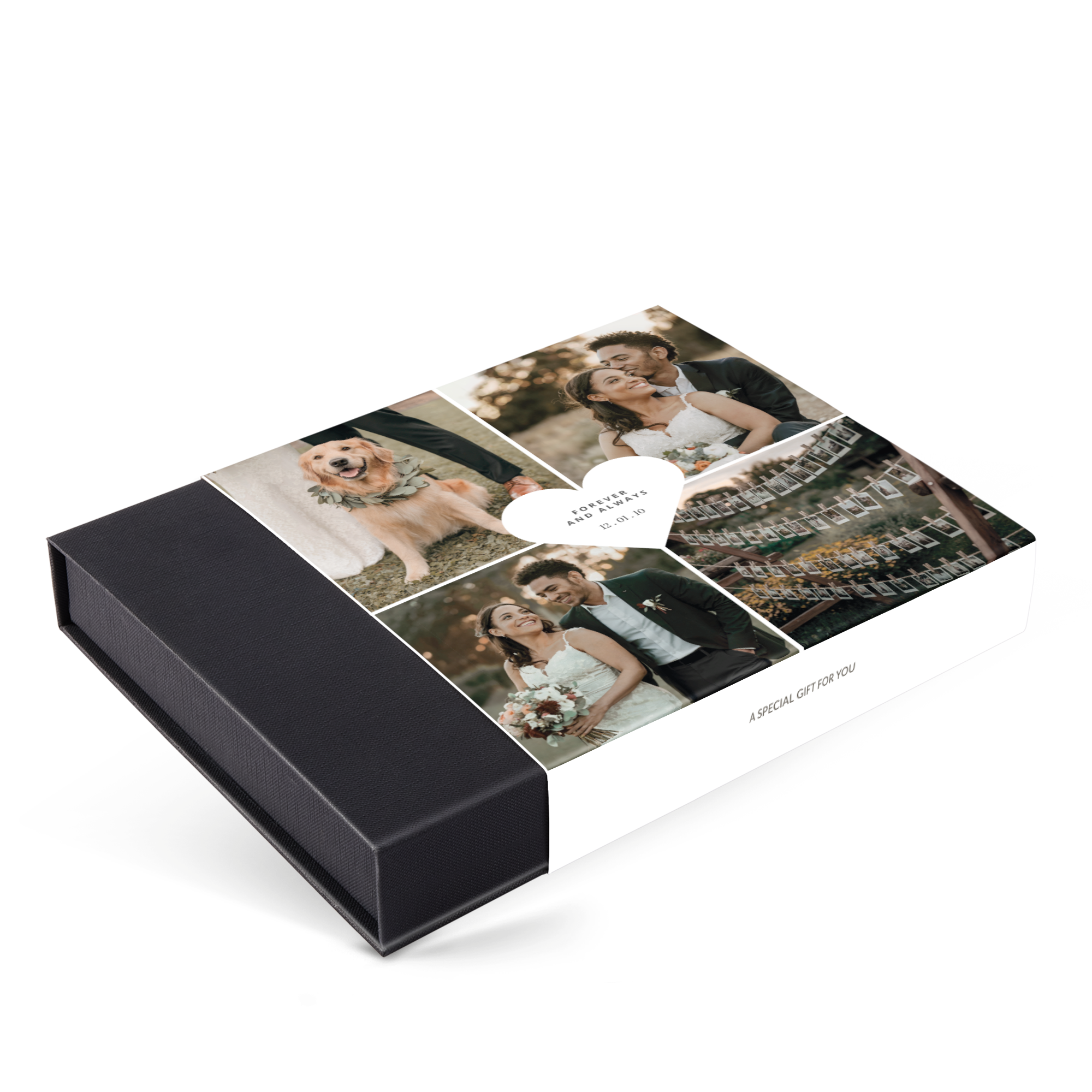 Giftbox de chocolate de luxo, impresso com fotos de casamento e um coração branco personalizado com "FOREVER AND ALWAYS 12.01.20"